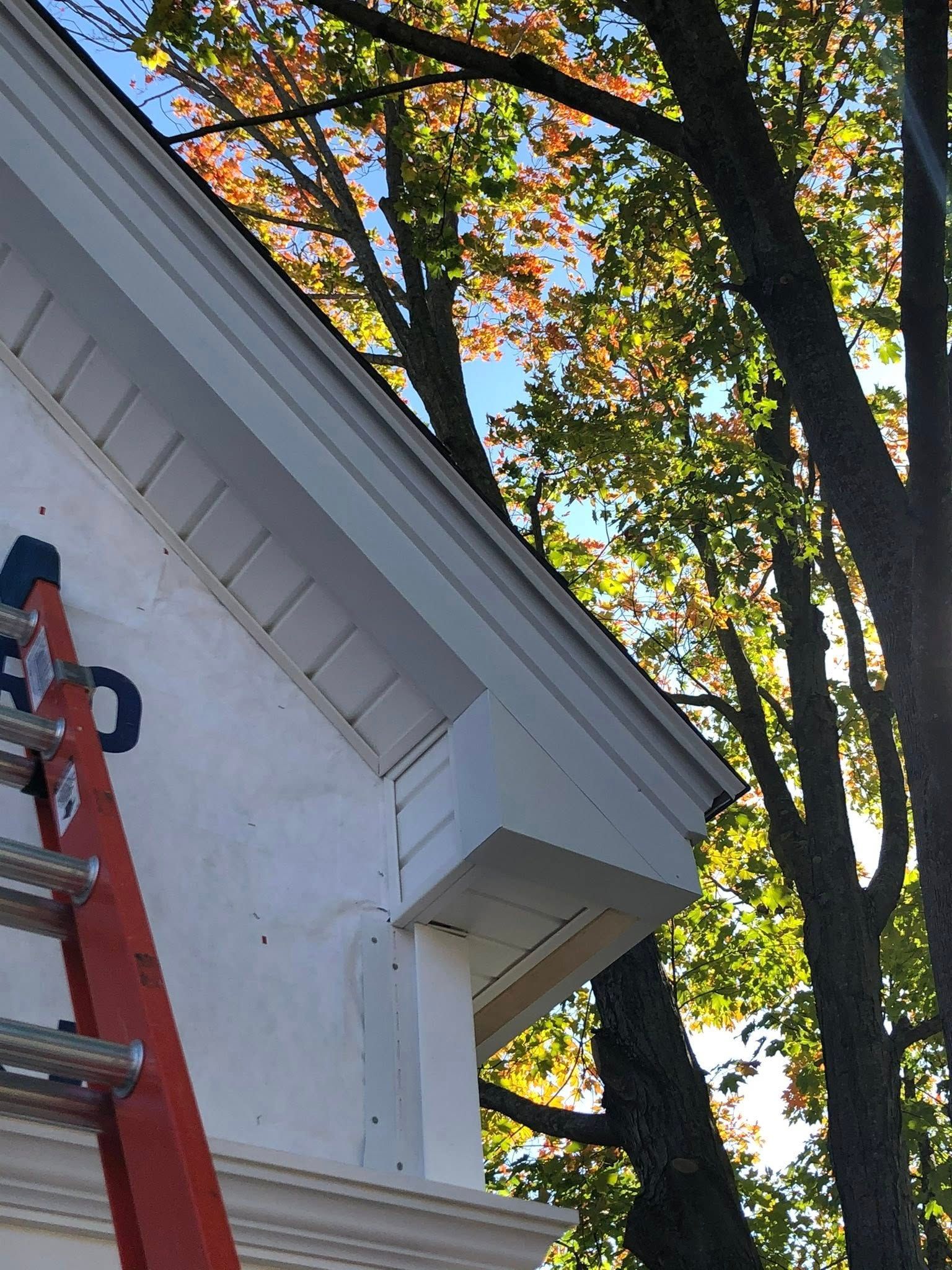 A red ladder leans against the exterior wall of a building near an eave, with autumn trees visible in the background.