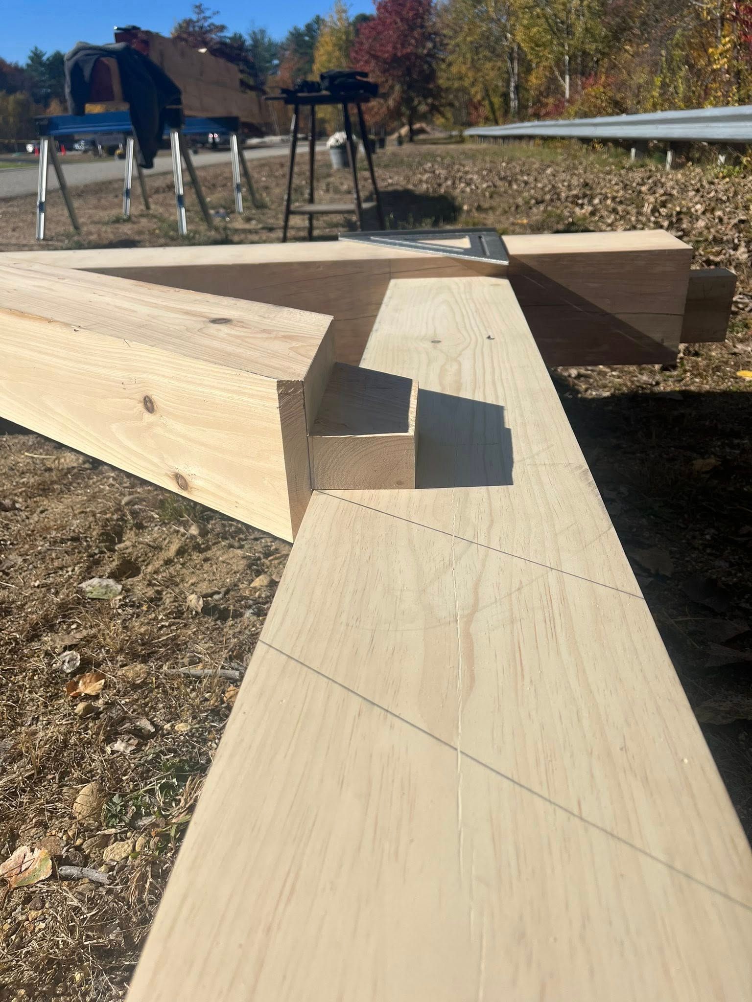 Two large wooden beams laid on the ground, featuring a partially cut mitered lap joint outdoors on a sunny day.