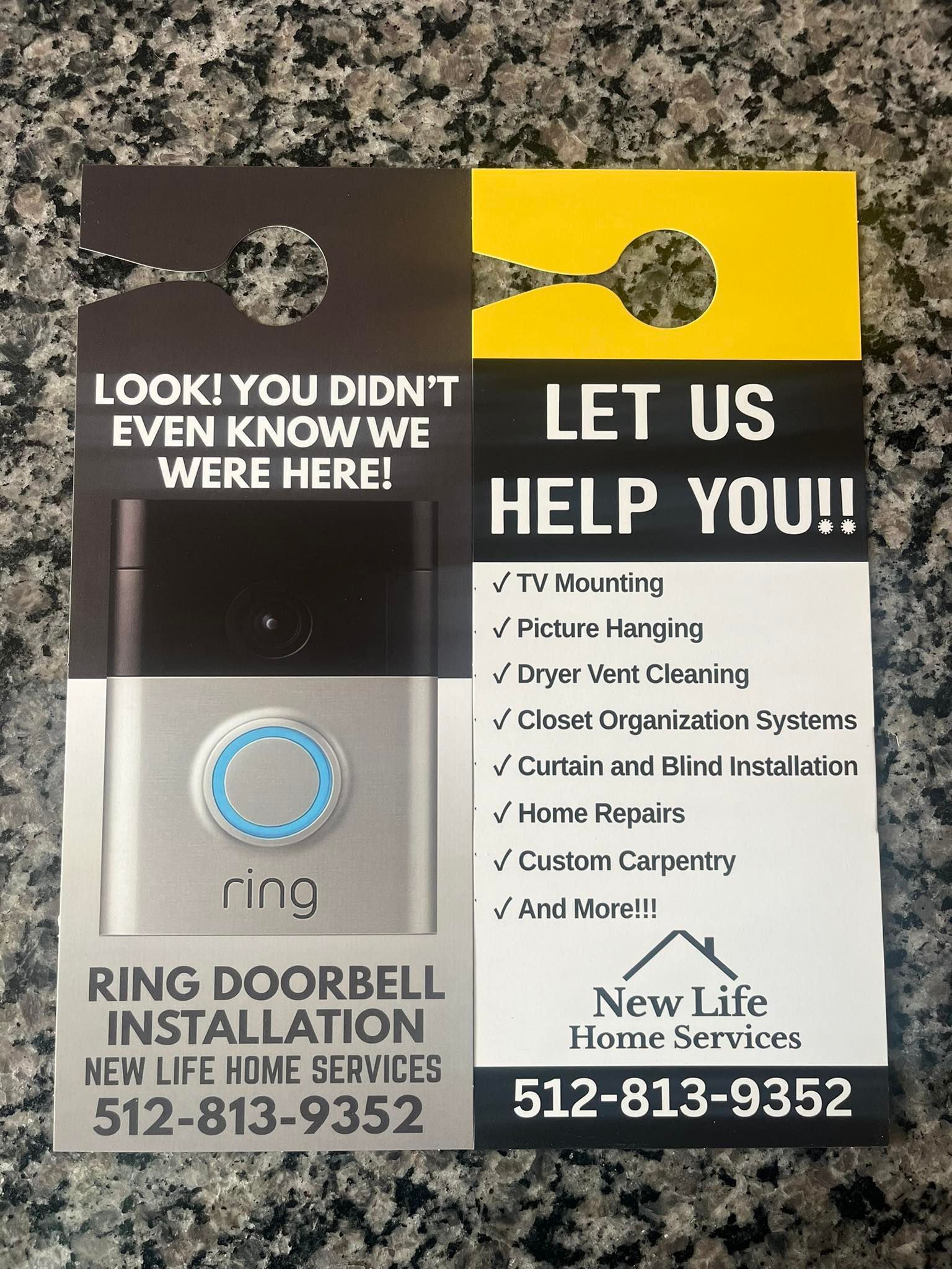 A New Life Home Services door hanger advertising Ring doorbell installation and home repair services with phone: 512-813-9352.