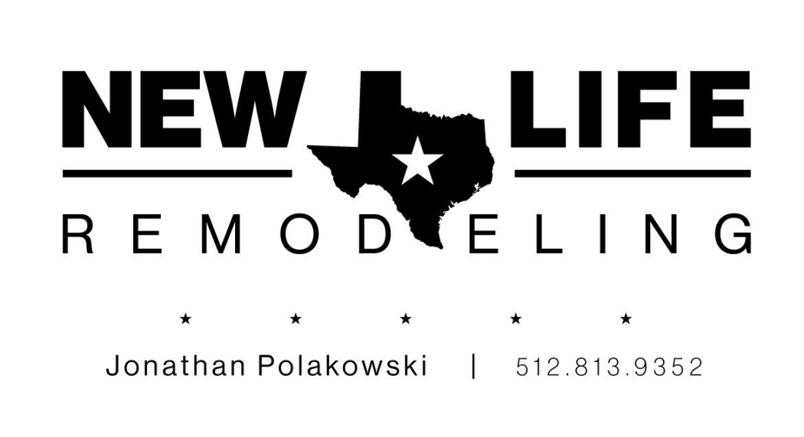 Logo for New Life Remodeling with a silhouette of Texas featuring a star, Jonathan Polakowski, and phone number 512.913.9352.