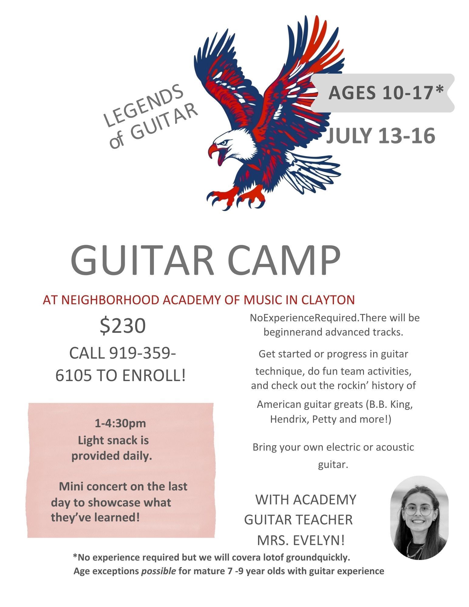 Guitar camp flyer for ages 10-17 at Neighborhood Academy of Music in Clayton, July 13-16. Features an eagle illustration.