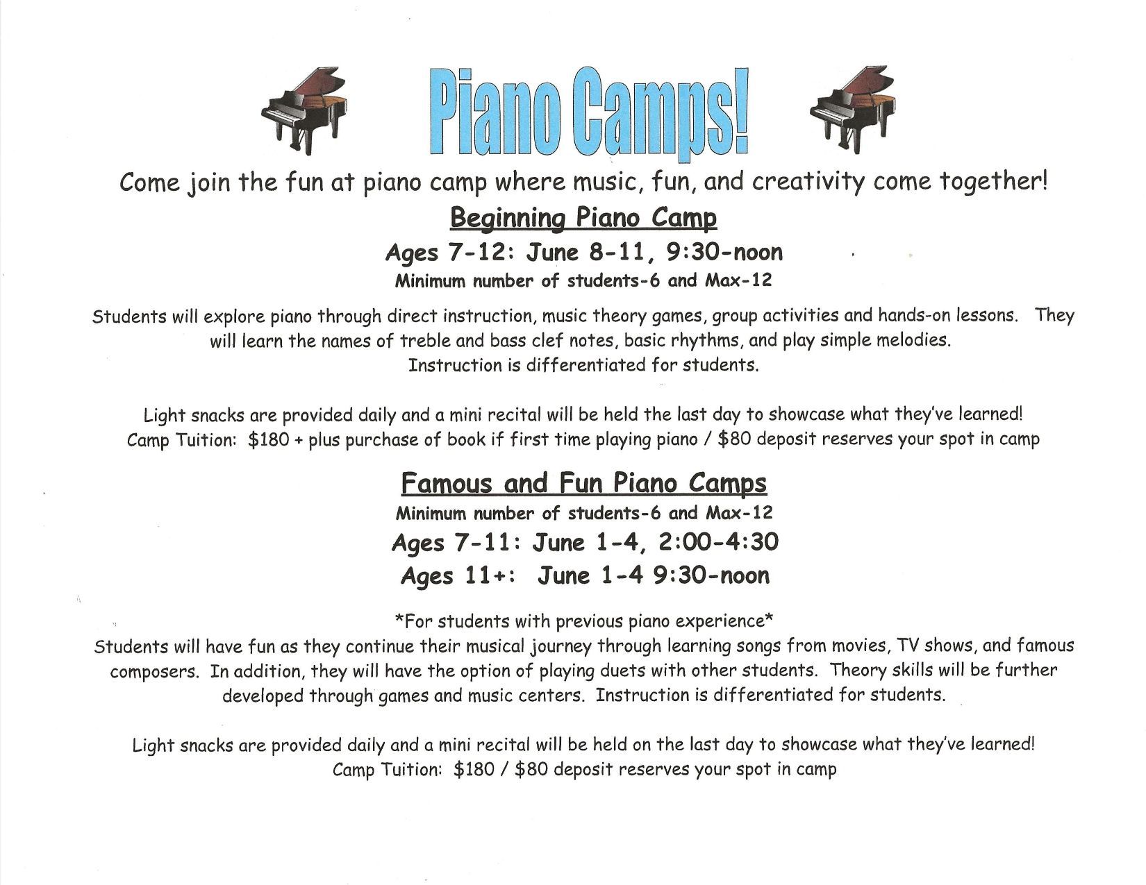 Flyer for piano camps with camp details for different age groups.