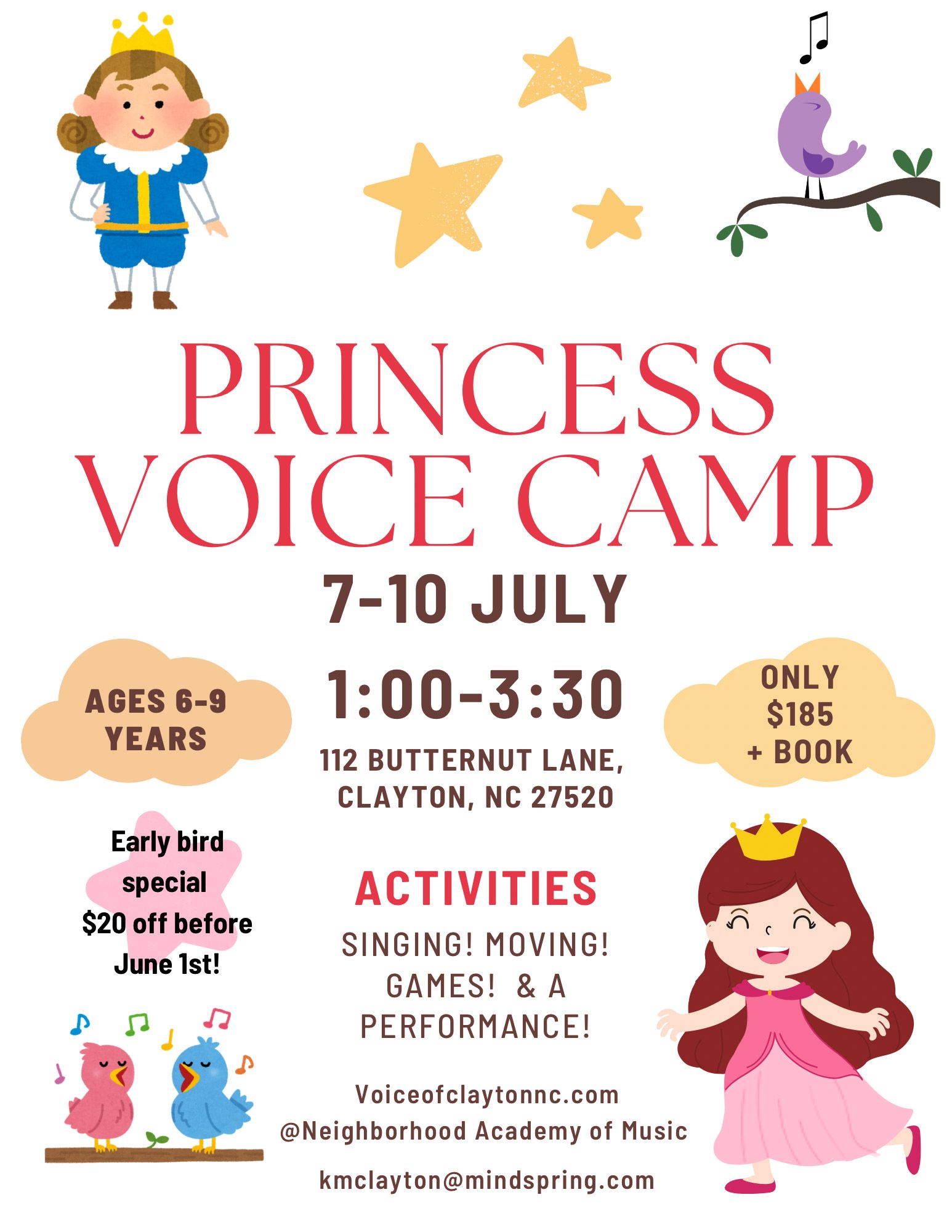 A poster for a princess voice camp.