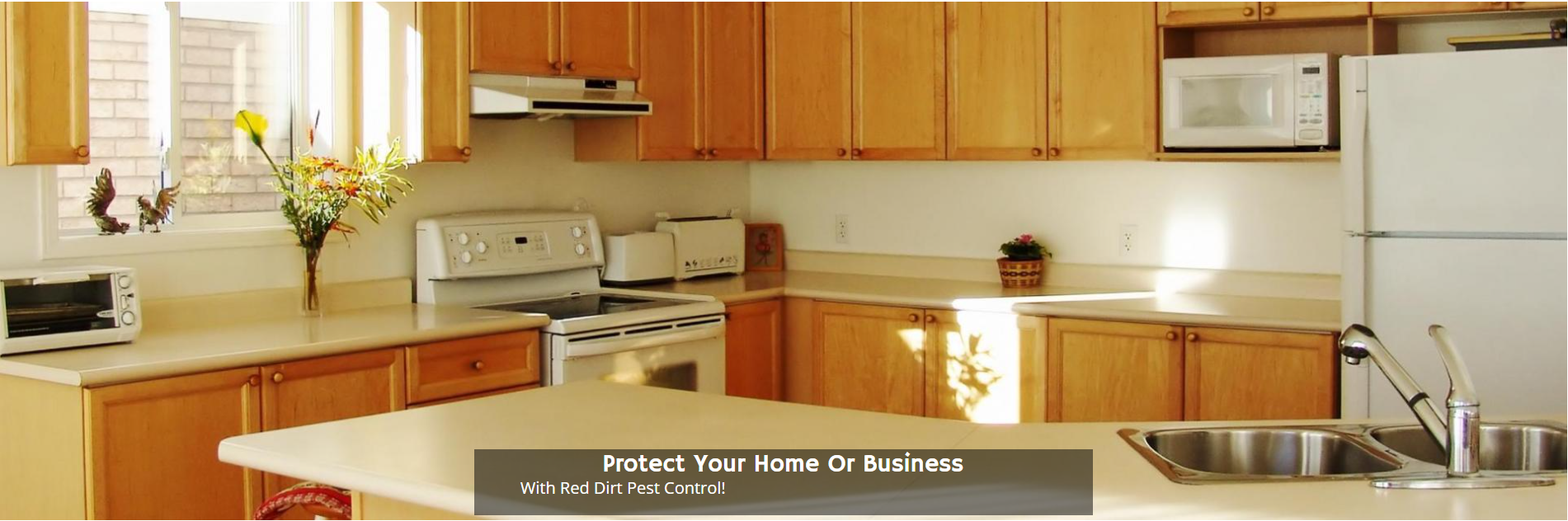 A kitchen with light wood cabinets, white appliances, and a central island, featuring a text overlay about home protection.