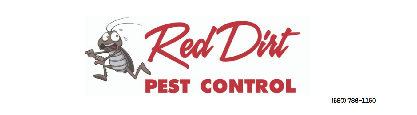 Red Dirt Pest Control logo featuring a cartoon insect looking startled, with the company name and phone number.