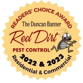 Award seal for Red Dirt Pest Control, showing a scared cartoon cockroach, listing 2022 and 2023 Duncan Banner winners.