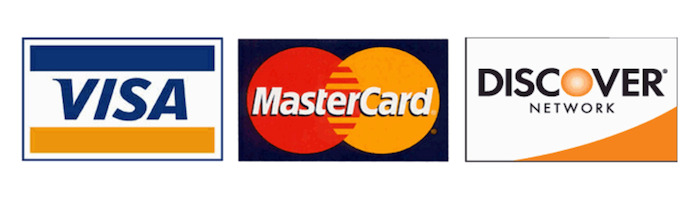 Logos for Visa, MasterCard, and Discover Network credit cards arranged horizontally.