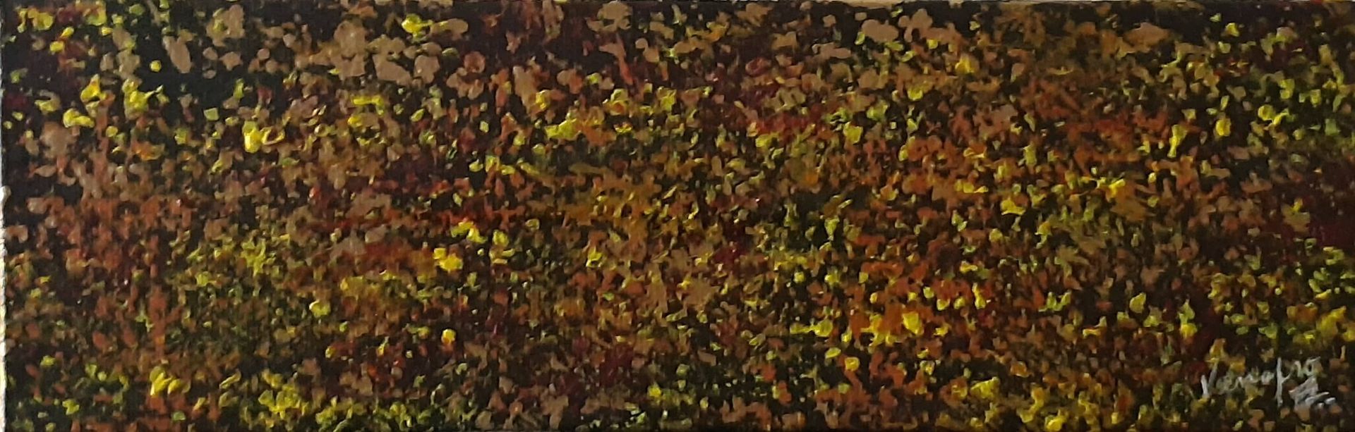 #A-14 Abstract 9 in. x 3 in. oil on Canvas Board. On a black gesso background, pointillism takes hold. Let your eye follow the yellow dots.