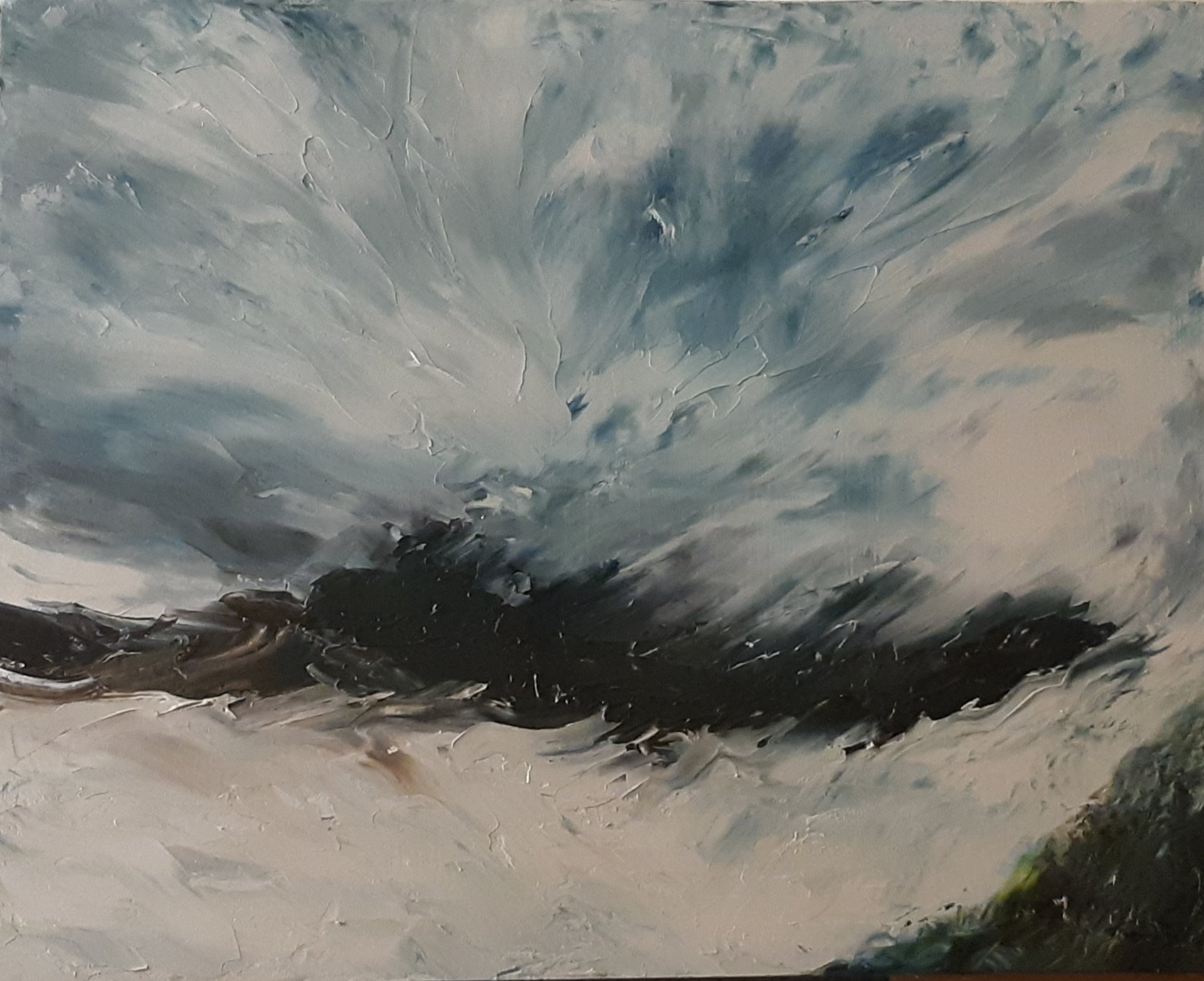 A Mountains's Energy: Abstract in nature, with a hint of possible mountain in the clouds. Oil on masonite 12 in. x 10 in indigo, paynes gray black and hints of earth tones all on a white  backgroung. There is an explosive background giving the mountain the properties of being a living entity.