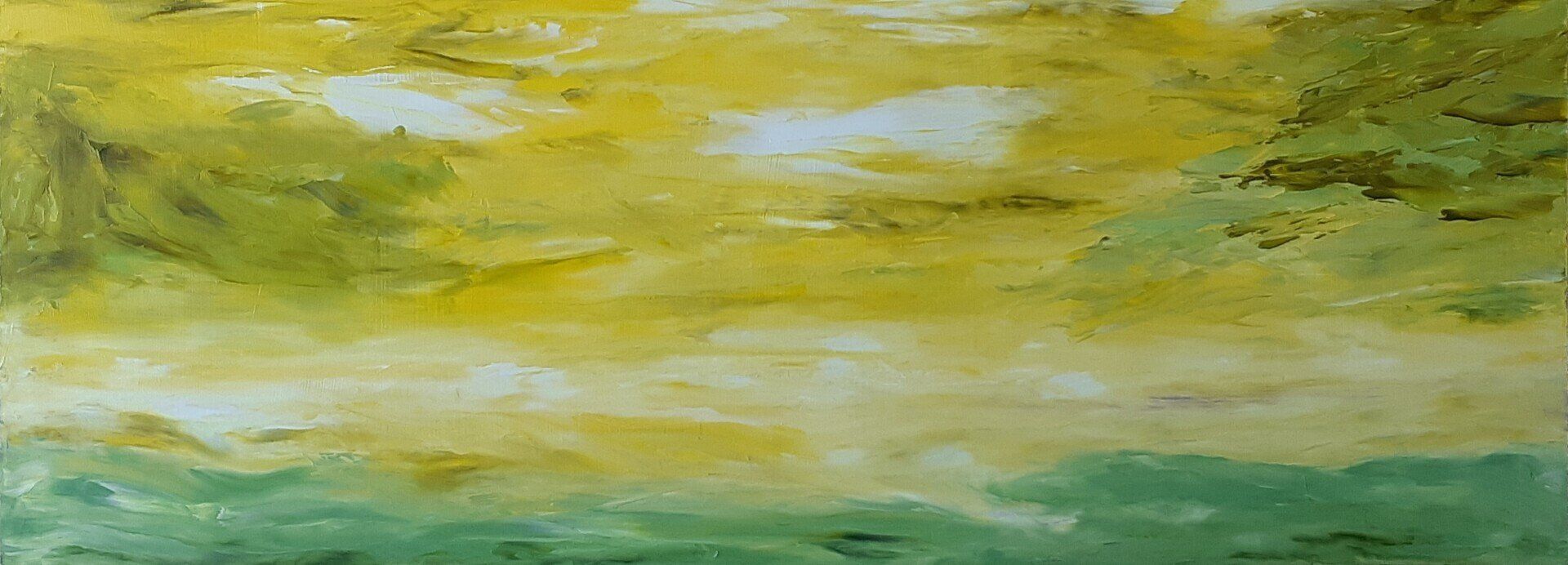 Cantata 6 is an oil on masonite 20 in. x 9 in. With a blend of Green Gold, yellow, and SAP green this painting brings you and all the elements of a landscape to the edge of the horison where the beyond is at your reach.