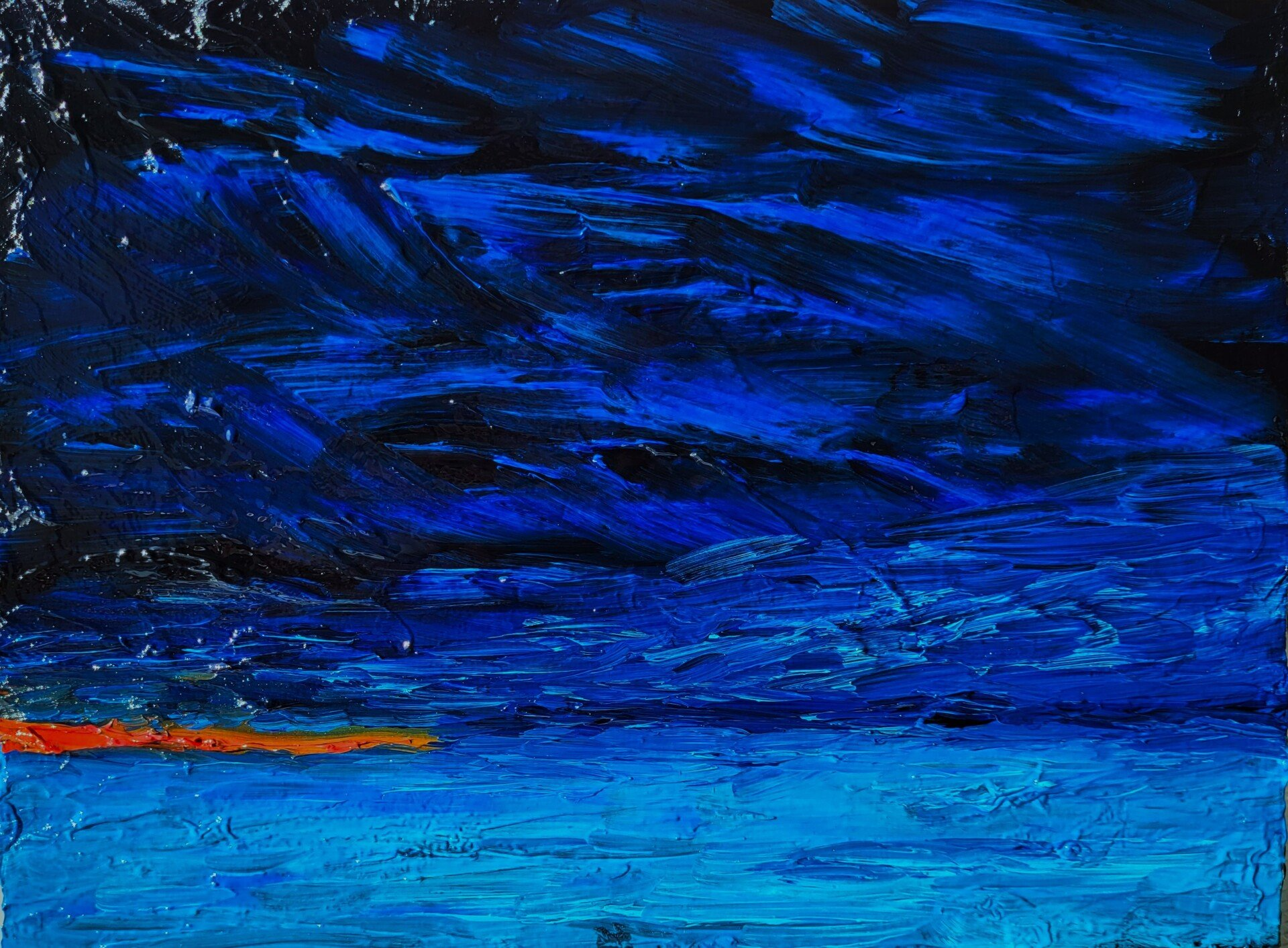The village oil on Canvas Board 8 in. x 6 in. is one of the paintings I did after  a visit to the  Charlevoix region of Québec, Canada. Rich deep blues (manganese blue Phitalo Prussian) with a sliver of orange depicting the vilage lights on the other side of the lake.