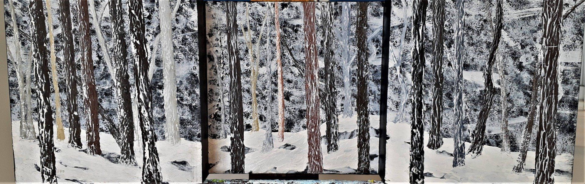 Majestic (9) is a triptych acrylic on wood board 24 in. x 8 in. The signature winter forest with a bed of snow and a back ground of white wash over black gesso. The middle canvas is slightly recessed to give a sense of depth. This piece is available.