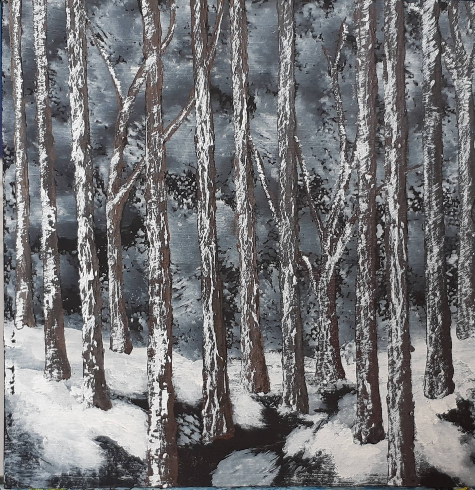 Majestic 5 Acrylic on Board 8 in. x 8 in. Moody yet calming a walk in this winter forest will inspire peace of mind. Monochrome (black and white) the background is subdued white on black gesso with the middle and foreground populated with tree trunks in their natural palette. The ground is snow covered and highlighting the unevenness of the terrain.