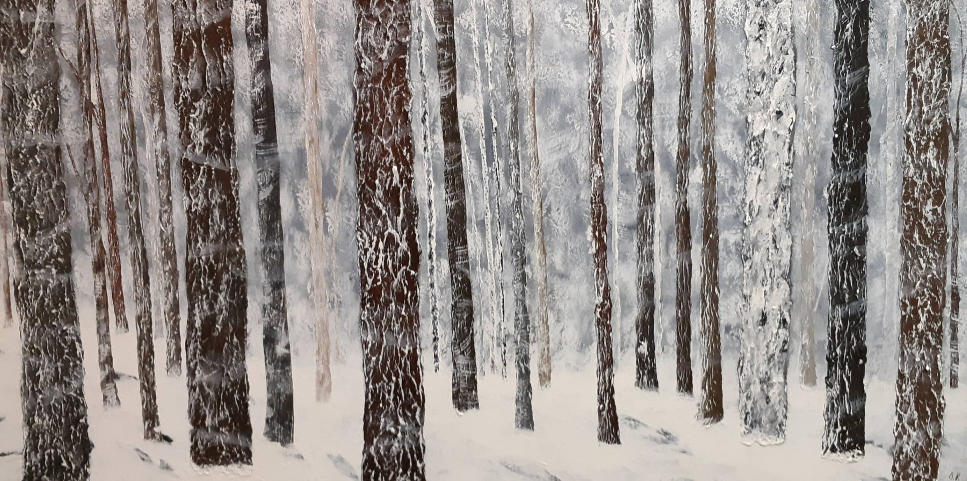 Acrylic Mixed Medium on Canvas 36 in. x 18 in. is a winter forest scene. A walk at this time in the forest will be a walk with whisps of blowing snow. Populated with a large number of tree trunks dappled with snow cover you would be blazing a new trail. There is a hint of uneven terrain.