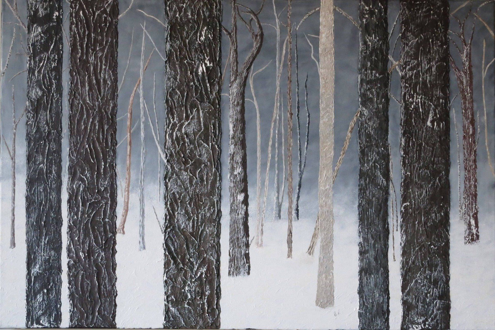 A winter forest scene of large tree trunks in the foreground and smaller trees in the mid field. The backgroung is moody yet calming as a wash of white gesso covers the black gesso. The forest ground is covered in snow. This piece is in a private collection.