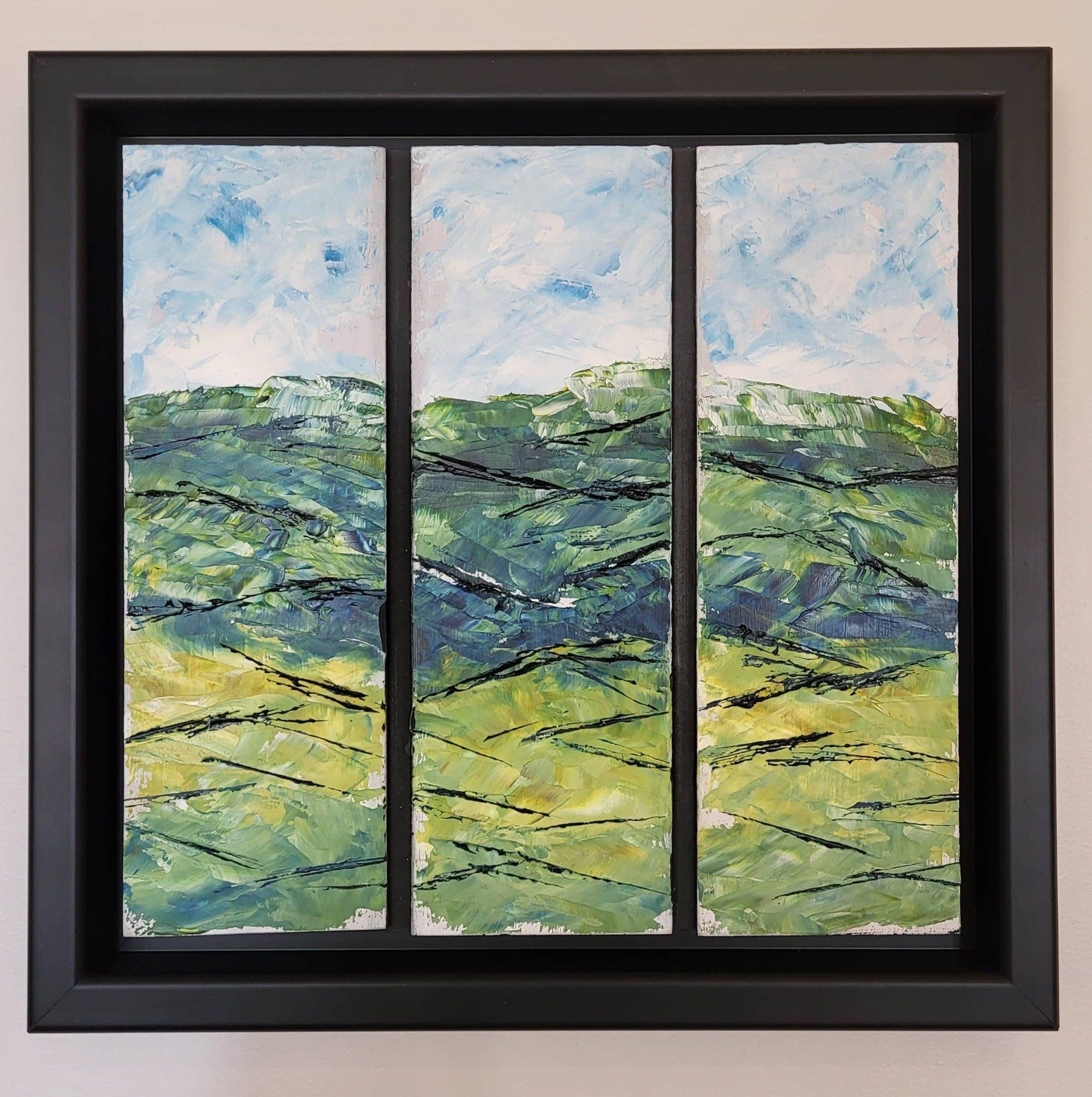 To order this miniature I use a code - #O 19-20-21. This Triptych Oil on Masonite (3 x 9in.x3in.) has a bright blue sky with bright white clouds moving past the mountain. The mountain positioned in the middle third of the painting is a blend of blue and green. The bottom third is a blend of yellow and swatches of blue creating a light green effect. The land part of the triptych has dark lines strategically placed to highlight the differences in the terrain.