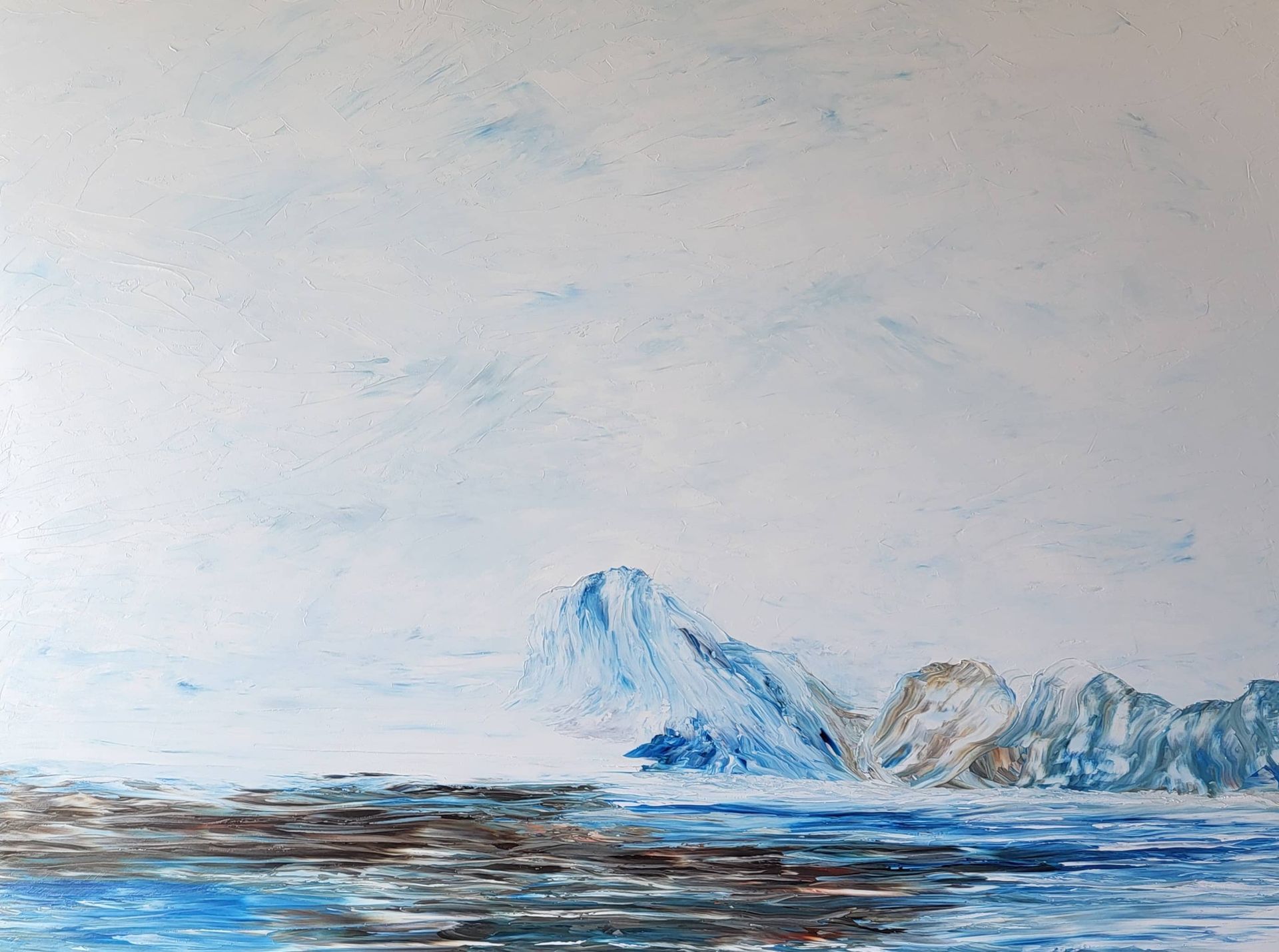 I work primarily with a palette knife, a tool that lets me build dynamic surfaces through scraping, layering, and impasto. This technique gives my landforms sharp edges and a rugged, expressive quality. I love exploring texture—smooth skies contrast with the bold, gestural marks in the land and water, creating tactile depth. The knife demands boldness; there’s no room for hesitation. Each stroke is immediate and physical, capturing energy and emotion. Through this process, I explore Ipseity—the layered, shifting nature of self.