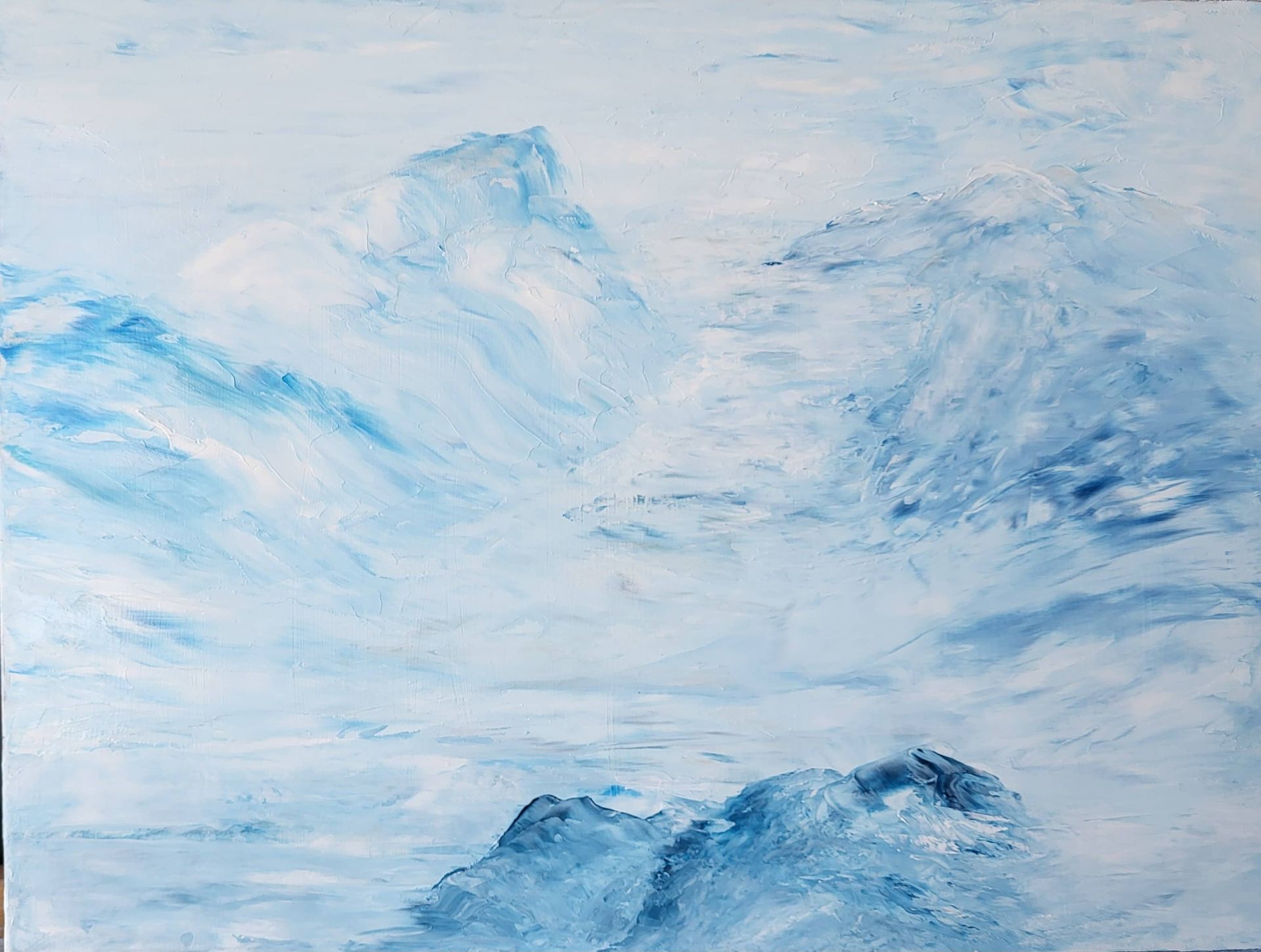 With confident palette knife strokes, I've built a landscape of dynamic textures and bold impasto. The paint itself takes on a sculptural quality, creating a unique tactile experience within these atmospheric blues. While the knife work brings an immediate energy and contemporary feel, I continue to explore how this technique can further enhance the composition and depth. You'll see in other pieces how my palette expands to embrace the warmth of earth tones.