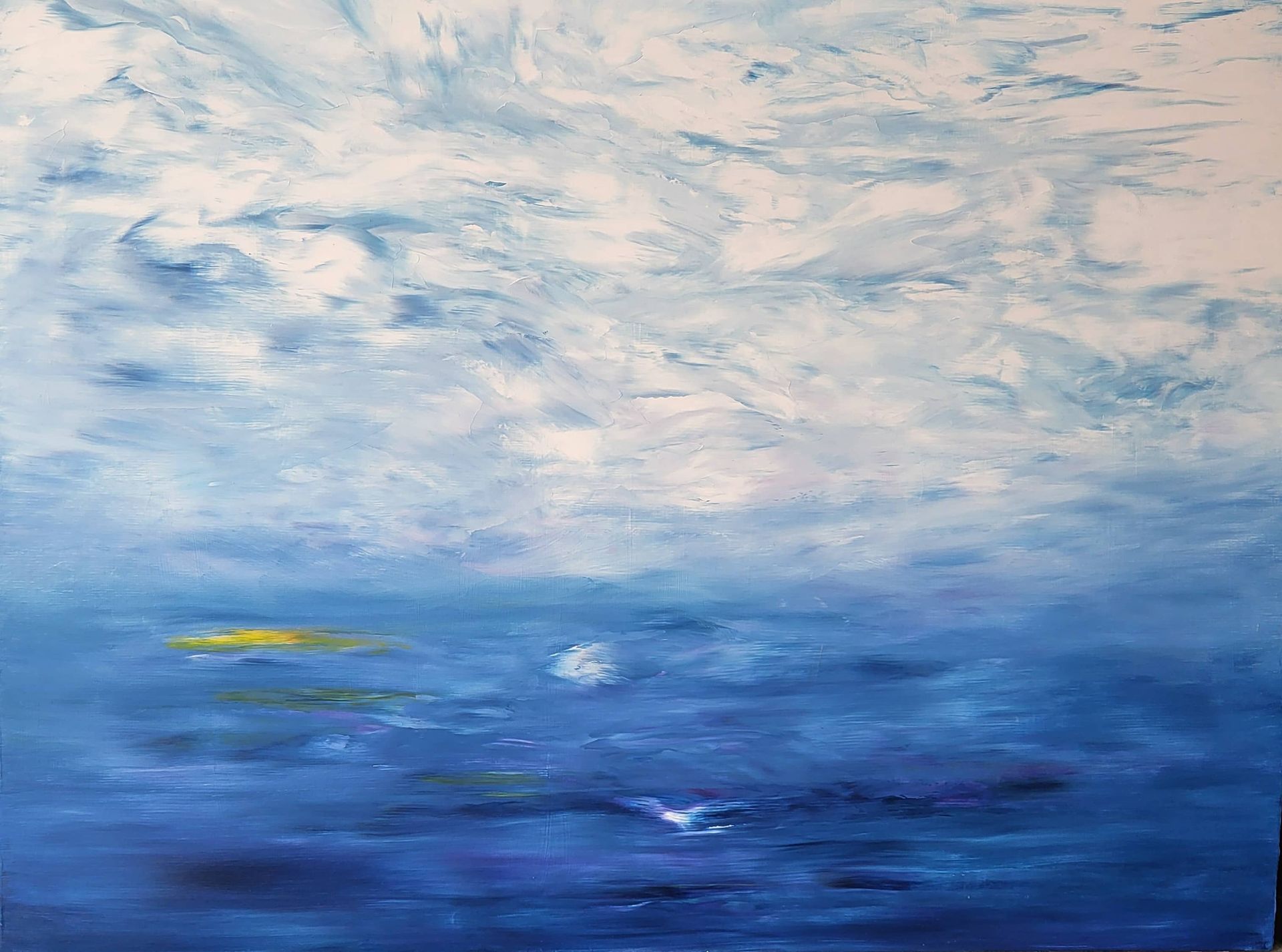 Layers of translucent blues and luminous whites invite the viewer into a contemplative dreamscape. The subtle textures and delicate transitions of colour evoke a sense of vastness and tranquillity, suggesting the boundless expanse of sky and sea, or perhaps a liminal space between worlds. 'Ethereal Horizons' invites quiet reflection and a journey into the depths of imagination.