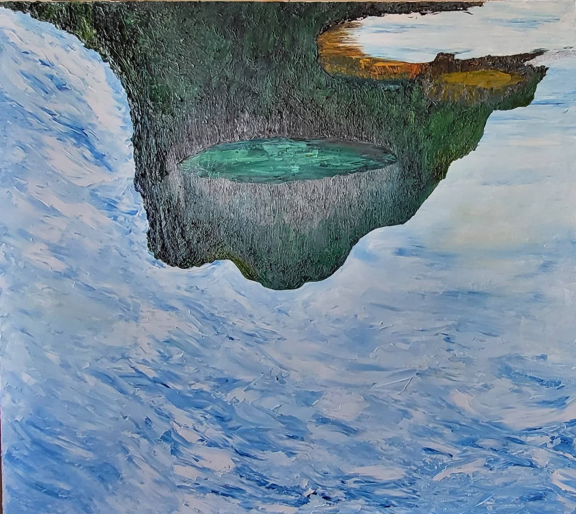 My work serves as a record of personal and conceptual evolution. For several years, my practice focused on Ataraxia, the pursuit of a serene and quiet calmness. The Ipseity collection marks a significant shift away from that silence. It explores the core of individual identity and the weight of the human spirit.
In these paintings, I present monumental forms suspended within fields of intense, lateral motion. These structures represent the self. They are surrounded by turbulent blue and white strokes created with a palette knife to signify the external forces that attempt to erode our center. Despite this pressure, the masses remain immovable. They are powered by the Ochre Engine, a small but vital flare of light representing the internal will and memory. The lush blue/greens bring a calmness to the scene. And the grey rock belies the structure. 
At 75, I approach my studio in Montreal with the same discipline I brought to my careers in the Quebec health system and the financial sector. This collection is a study of resilience. It proves that our ability to withstand external chaos is entirely dependent on the strength of our inner light. Presented in a floating frame.
