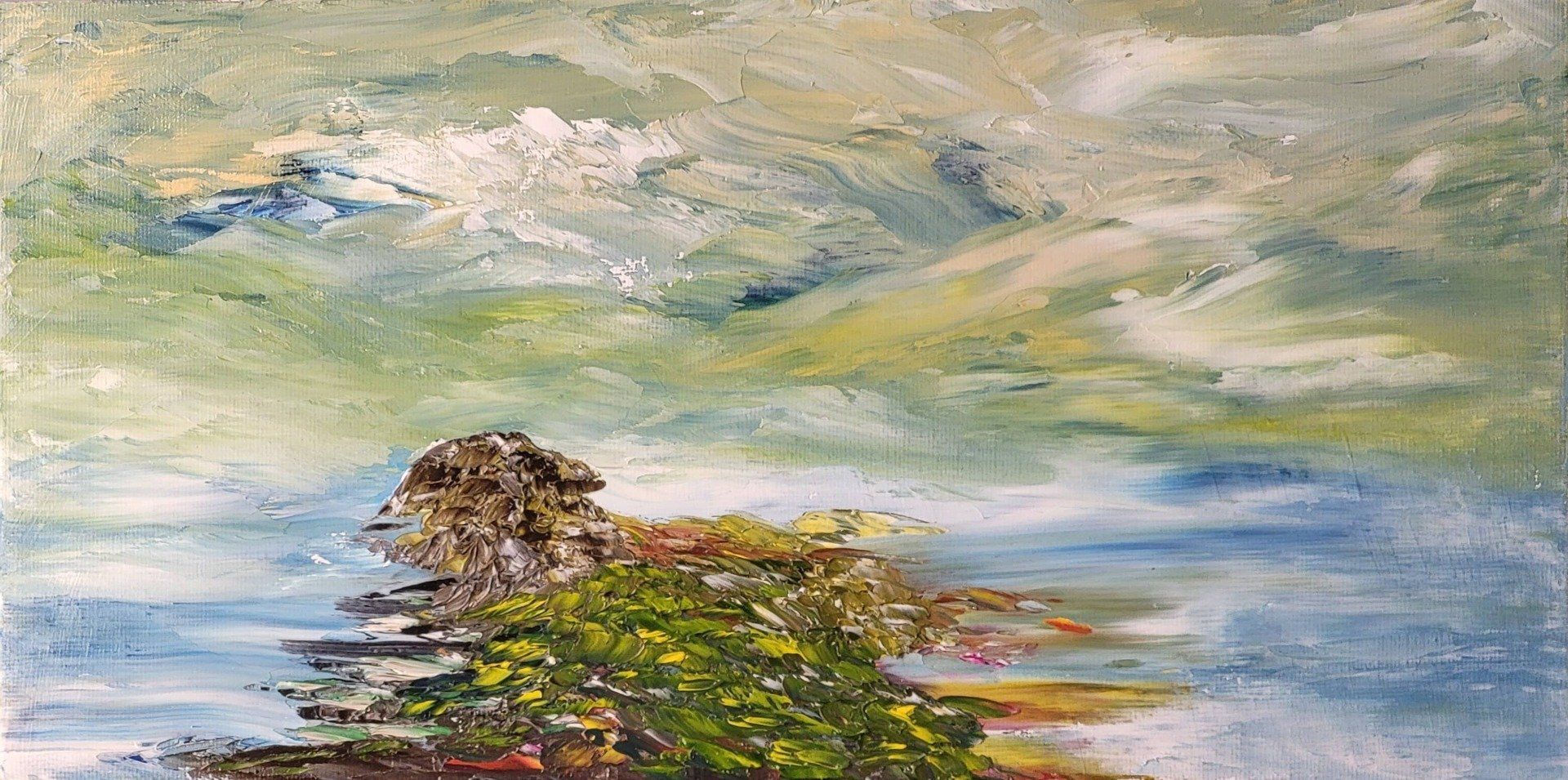 Island just for you (17) Oil on canvas Board 12 in. x 6 in. Along with the signature palette for the sky (Naples Yellow, Buff White, blues, and a touch of yellow) the cloud formation is active yet non-threatening. With a horizon that blends with the sky the sea is calm. The Island stretches from the base of the painting to almost ending at the middle. The foreground part of the Island is lush with greens and yellow hints of growth along with a rockish coast line on the left side and a sandy or earth tone coast on the right side. As the Island stretches to the middle of the painting it turns into a mountain with hints of earth tones and rock.