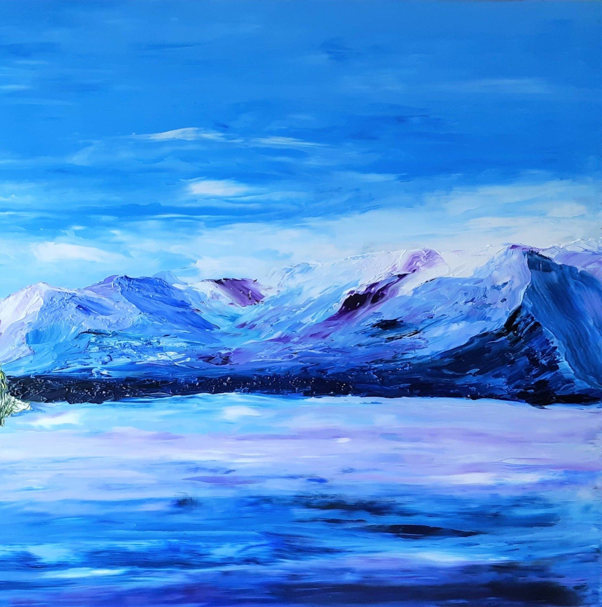 Summer Sky Oil on Masonite 16 in. x 15 in.  The title is deceptive as the mountain in the painting takes up the middle third. The summer sky is a clear blue with a hint of cloud blending into the mountain peaks that highlight the snowy tops. The purple slopes with the bluish tones give way to a lake that reflects the sky and the mountain. The shoreline is a combination of opaque blue and purple.