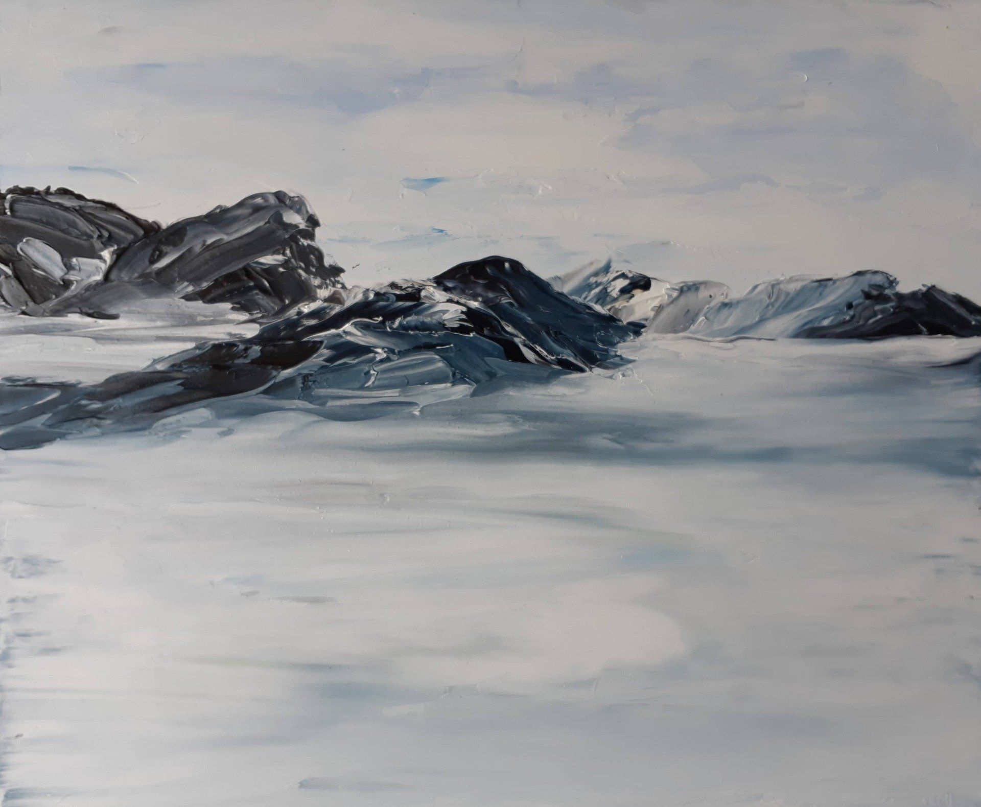 The sound of the mountain (1) Oil on Masonite 12 in. x 10 in. Between the sky and the foggy swirls thie mountain isfloating in that moody  yet calming  almost a pastoral scene. The blues and whites contrast the rocky bluish tones of the mountain tops.