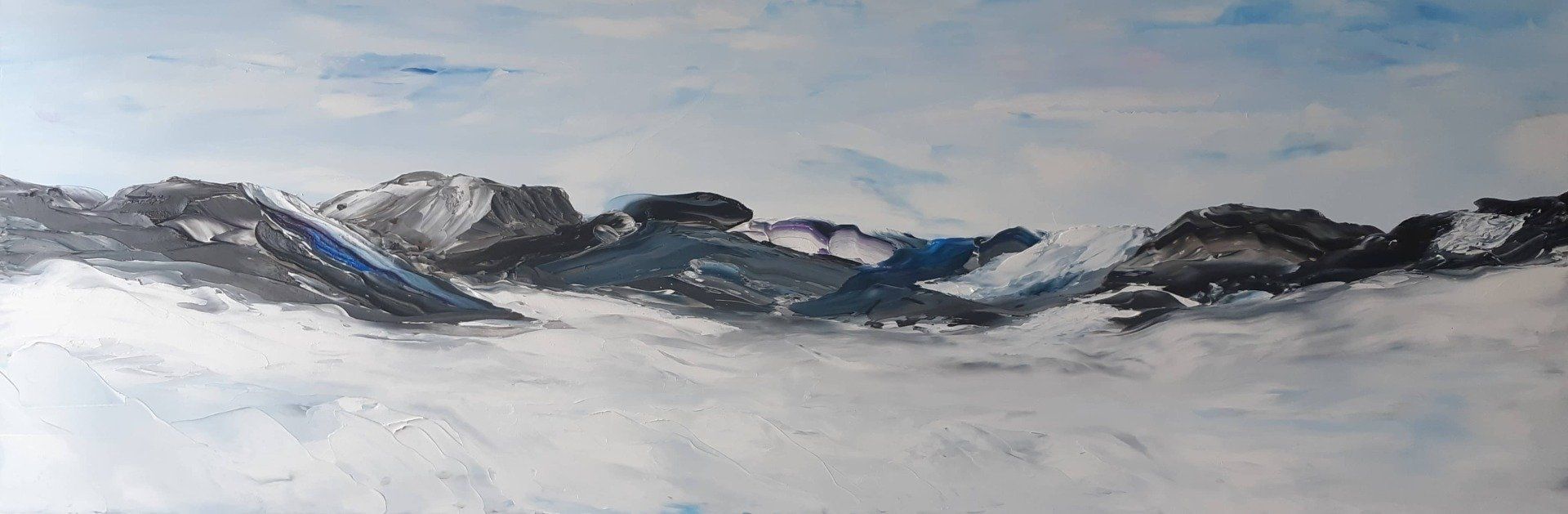 The sound of the Mountain 2 Oil on Masonite 36 in. x 12 in. Between the sky and the fog this mountain appears to be floating. Blues and rock coloured mountains with whisps of snow the mountain is ever so peaceful.