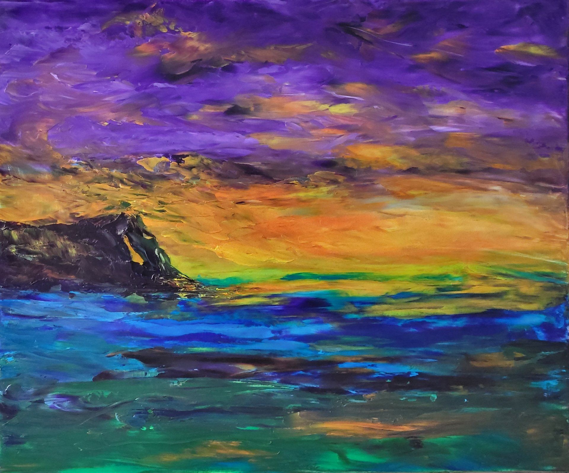 Sunset: Brilliant orange yellow purple and blues of a sunset in the Charlrvoix reagion of Québec, Canada. A portend of an impending storm that did not happen on this evening. Just a cloudy and windy evening. This is a 12 in x 10 in oil on masonite