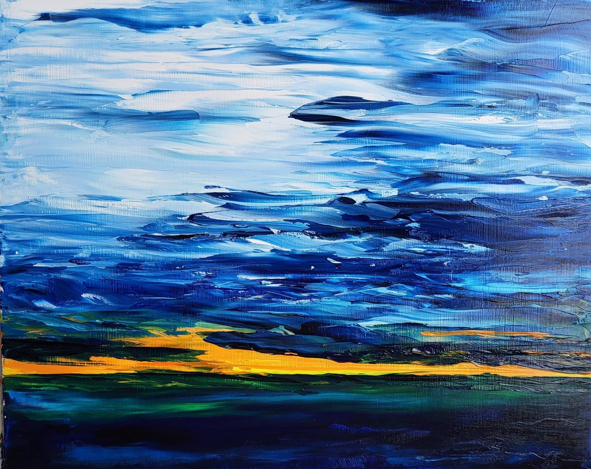 Last Light is an oil on Masonite 10 in. x 8 in. With the sun still brilliant in the impending night sky the orange and yellow final gasp creates a green shadow on the St. Laurent River in the Charlevoix region of Québec, Canada. There is a clearness of sky in upper two thirds of the painting. You know, though, nightfall is coming.