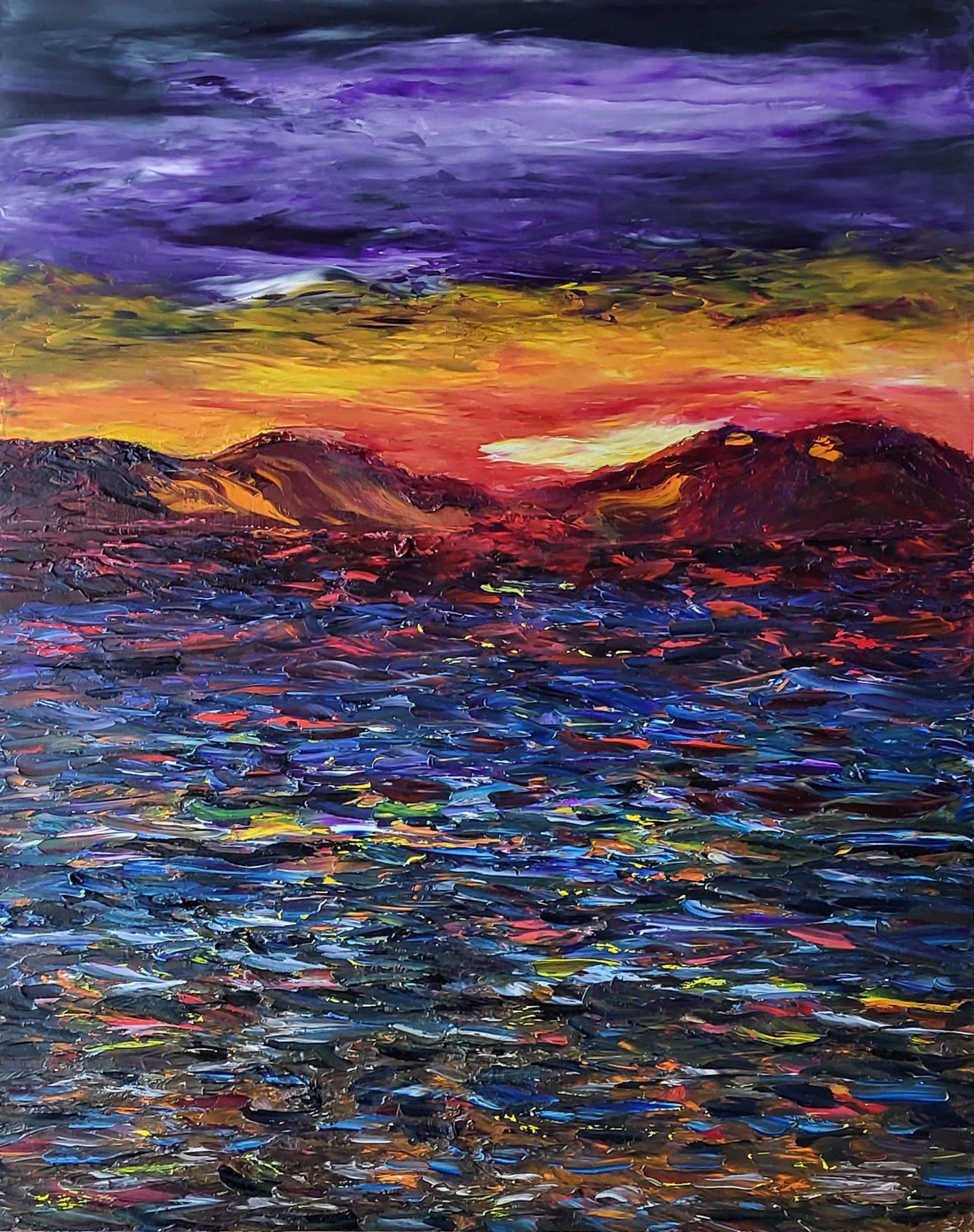 Immanent Storm L'orage est prévisible Oil on Masonite 20 in. x 16 in. Deep purple, Yellow/Orange, Red and blended Prussian- Phthalo Blu e and Manganese create a scene where you know a storm is coming. On the evening before our departure, we were watching the river waves crashing and the deep purple sky announcing the storm was on the way. We left the following morning in the storm. This piece could be categorized as impressionistic.