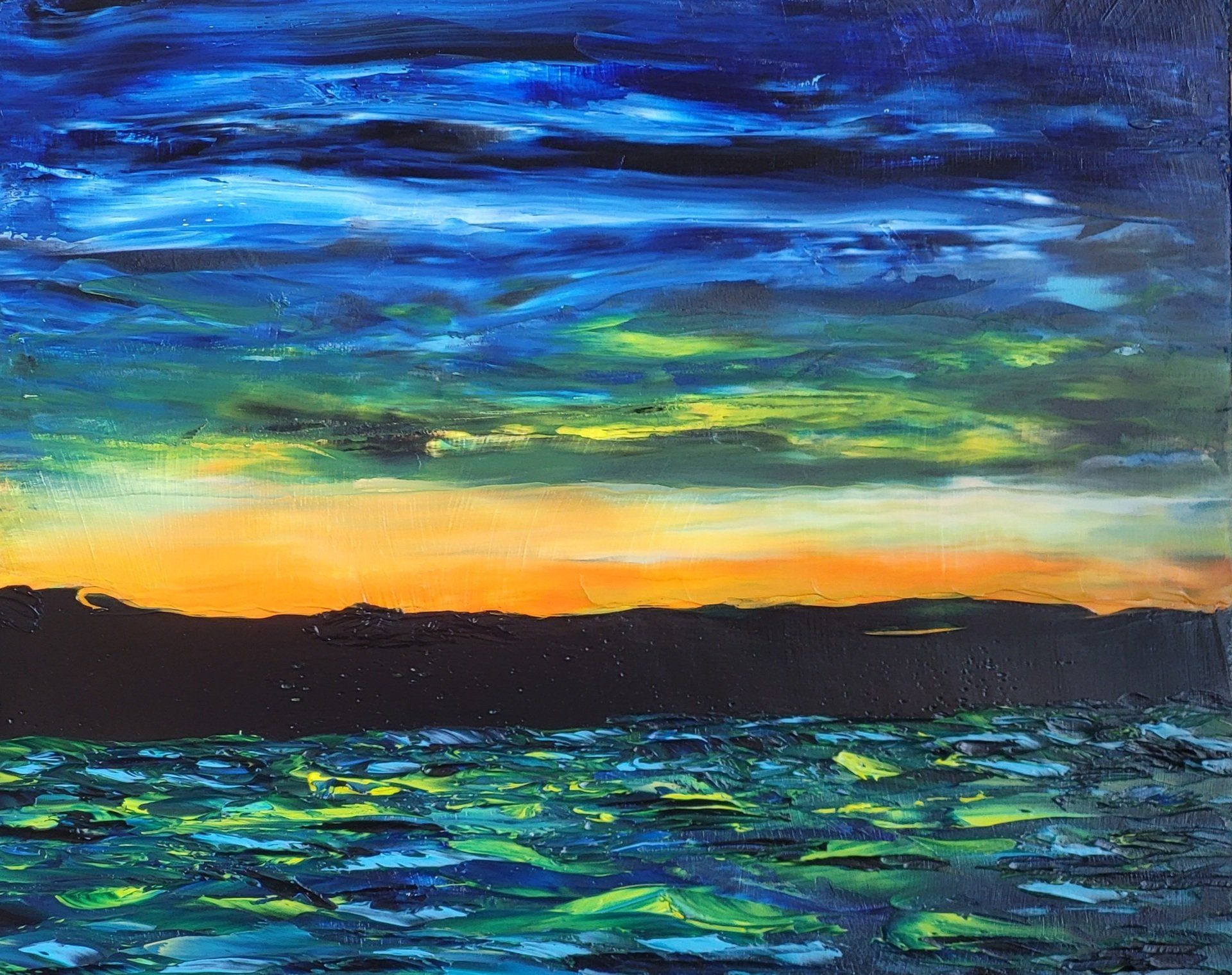 First light Oil on Masonite 10 in. x 8 in. We spent a fortnight in the Charlevoix region of Québec, Canada. The vistas are stunning. The orange/yellow sunrise reflecting on a very cloudy sky that is a blend od blue/green. all of this light is reflected on the St. Lawrence River. As it was a yellow/orange sunrise you knew it was going to be a great day to explore the region.