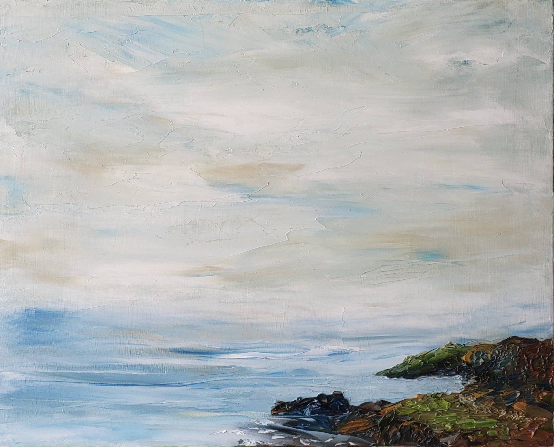 This is an oil on Masonite 10 in. x 8 in. Arrive in the cove you notice the vegetation and the earth tone rocky shoreline.. The sky is a subtle blend of blue, white, and a touch of buff white. A calm sea and the comforting cove  are the features of this piece that say come and relax.