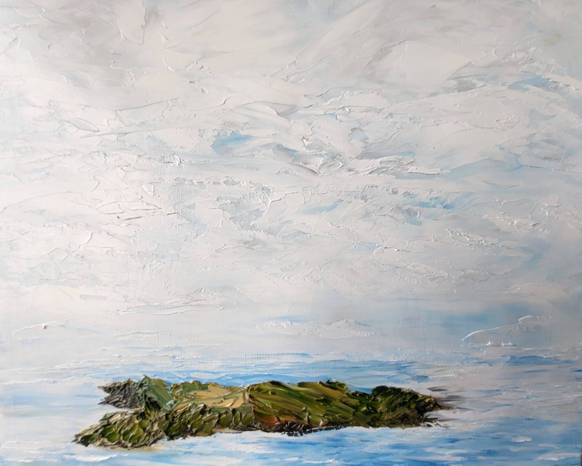 This is an oil on Masonite 10 in. x 8 in. When you arrive you notice the vegetation and the earth tone rocky shoreline with sloping vegetative mountains that look out to the horizon. In the centre of the Island there is a valley. The sky is a subtle blend of blue and white.