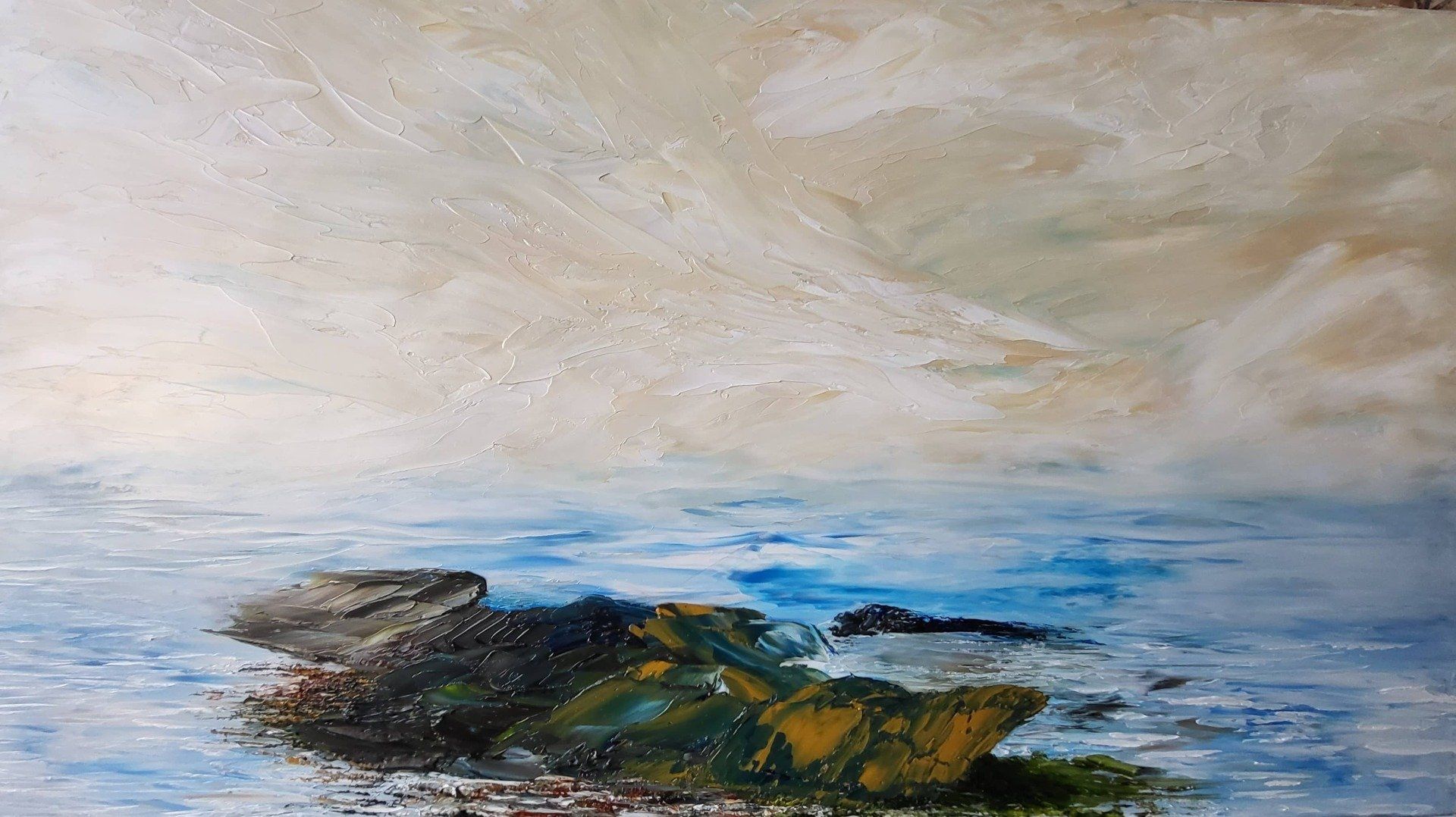 This 10 in. x 8 in. oil on Masonite is a tiny Island positioned in the bottom third of the painting. Both the sky and the water appear to be forming into a storm. Yet, the subtle colours of the sky (Naples Yellow, White, blue and some Buff white) add to the feeling that just maybe the storm has passed. The Island is a brilliant combination of earth tones with those earth colours that add light.