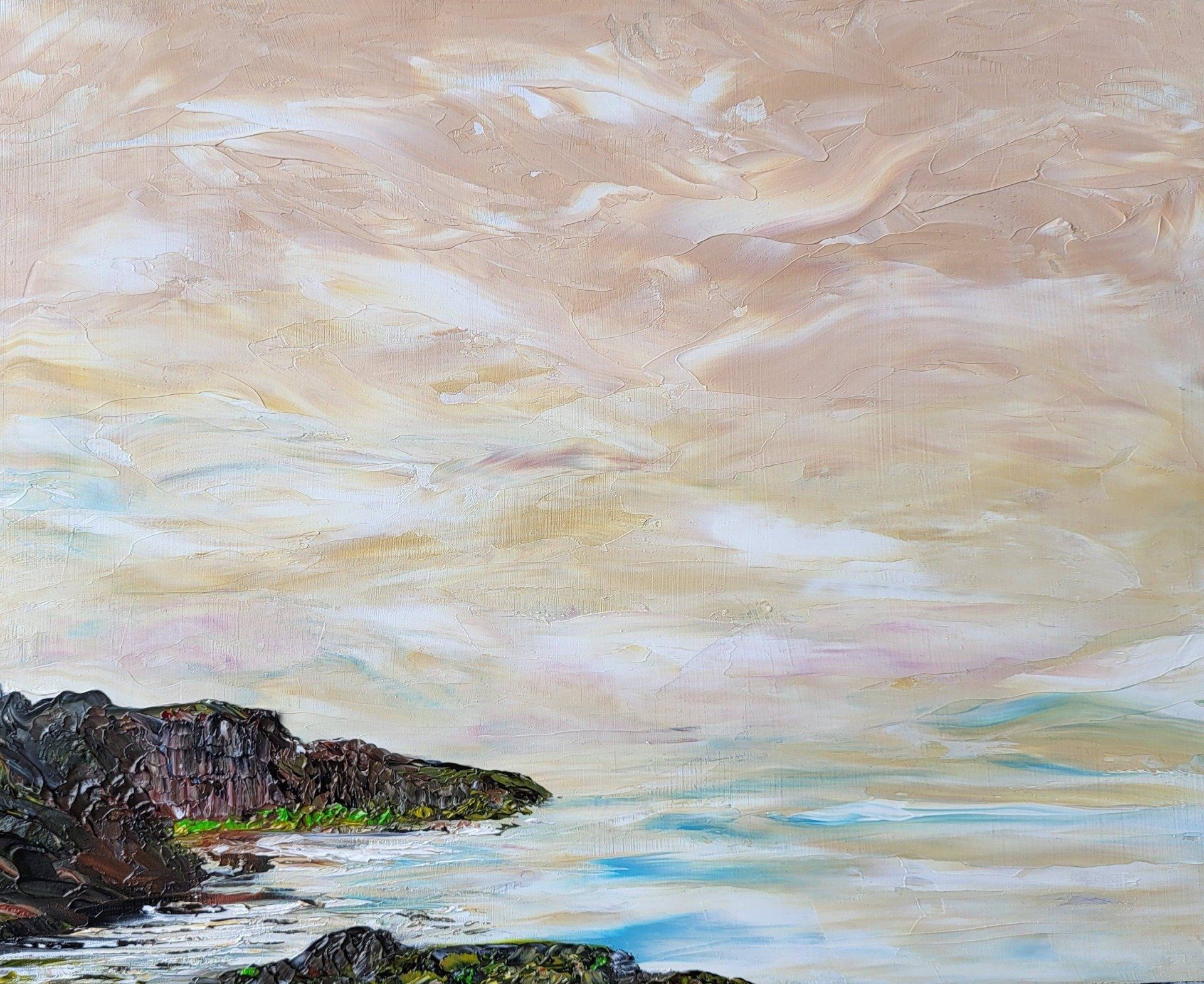 This 10 in. x 8 in. oil on Masonite is dramatic. The sky is in full movement with the signature colours of the collection - Naples Yellow, white, blues, and bold swatches of Buff White. The Island is on the left side of the painting with steep cliffs in earth tones. The cove is welcoming and belies a hint of luscious vegetation as you move into the centre of the island. The waters are calm and it may be low tide.