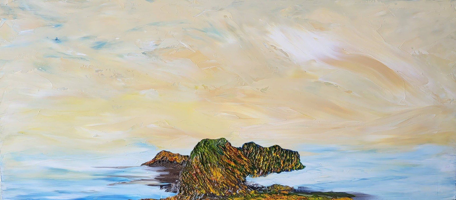 This 20 in. x 9 in. oil on Masonite depicts breaking sky with yellow sunlight and the signature colours of the collection - Naples Yellow, white, blues, and bold swatches of Buff White. The sea has calmed down, and at low tide. The vegetation is awash in can only be described as fall colours. Mountainous with hints of several access points the explorer of this Island can enjoy the hidden valleys and foliage.