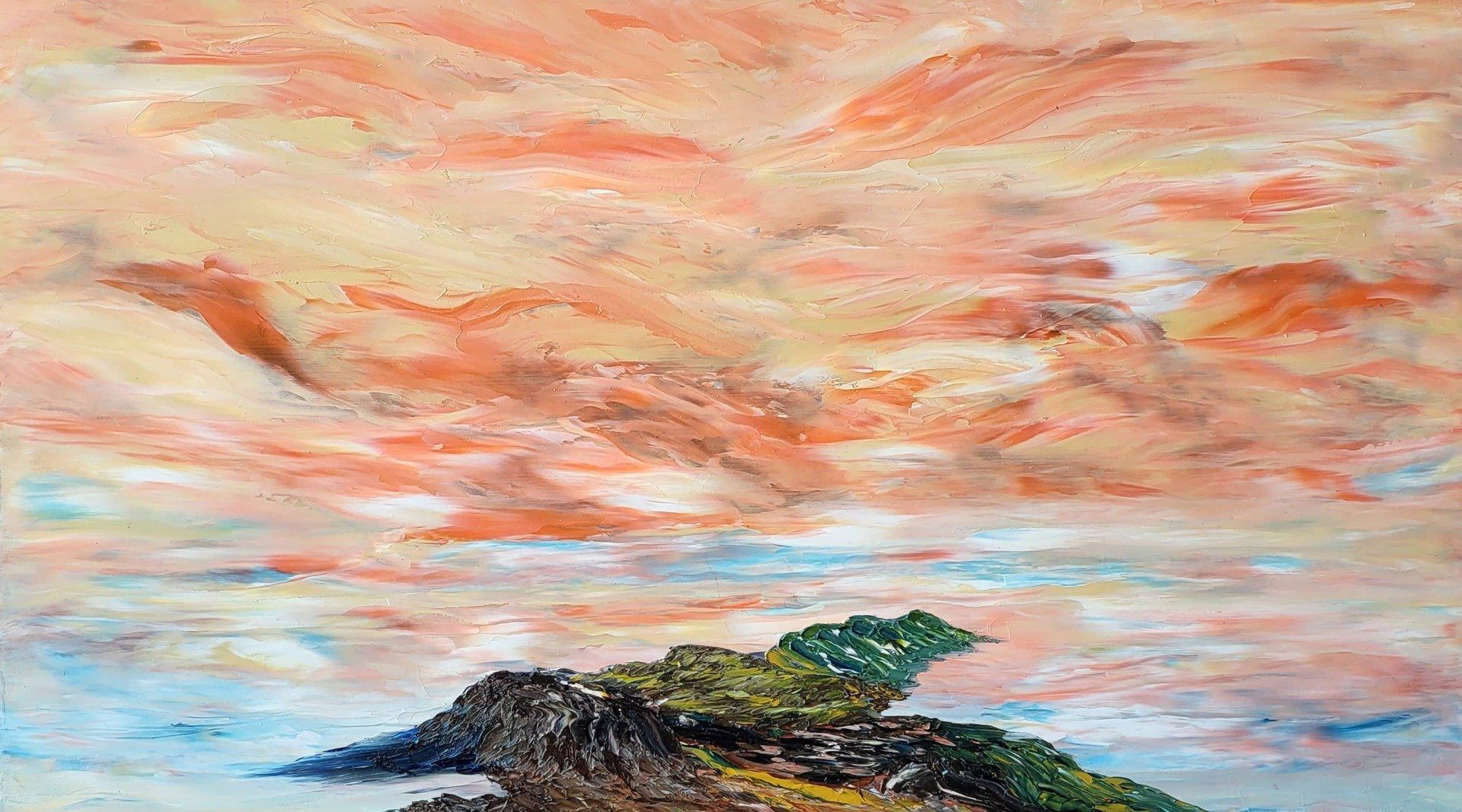 Island Just for you (14) Oil on Masonite 20 in. x11 in. This Island diverges from the usual pallet of colours. I used Scarlet Lake (a deep brilliant red. This is blended with Naples Yellow, Prussian Blue and white. Some morning sunrises give off that glorious subtle pinkish-red. The Island is as inviting as the other Islands in the collection with added features of multiple access points and caves. It also extends way into the horizon.