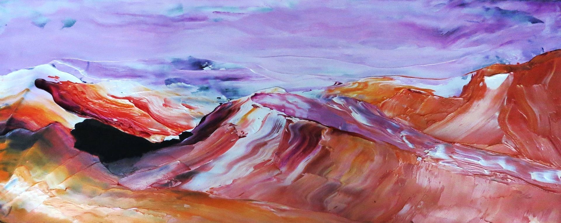 Fire Mountain is an Oil on Masonite 11 in. x 4 in. By my third collection I was moving into interpreting landscapes and using vibrant colours. The rich oranges, reds and purple gave life and structure to the mountain range.