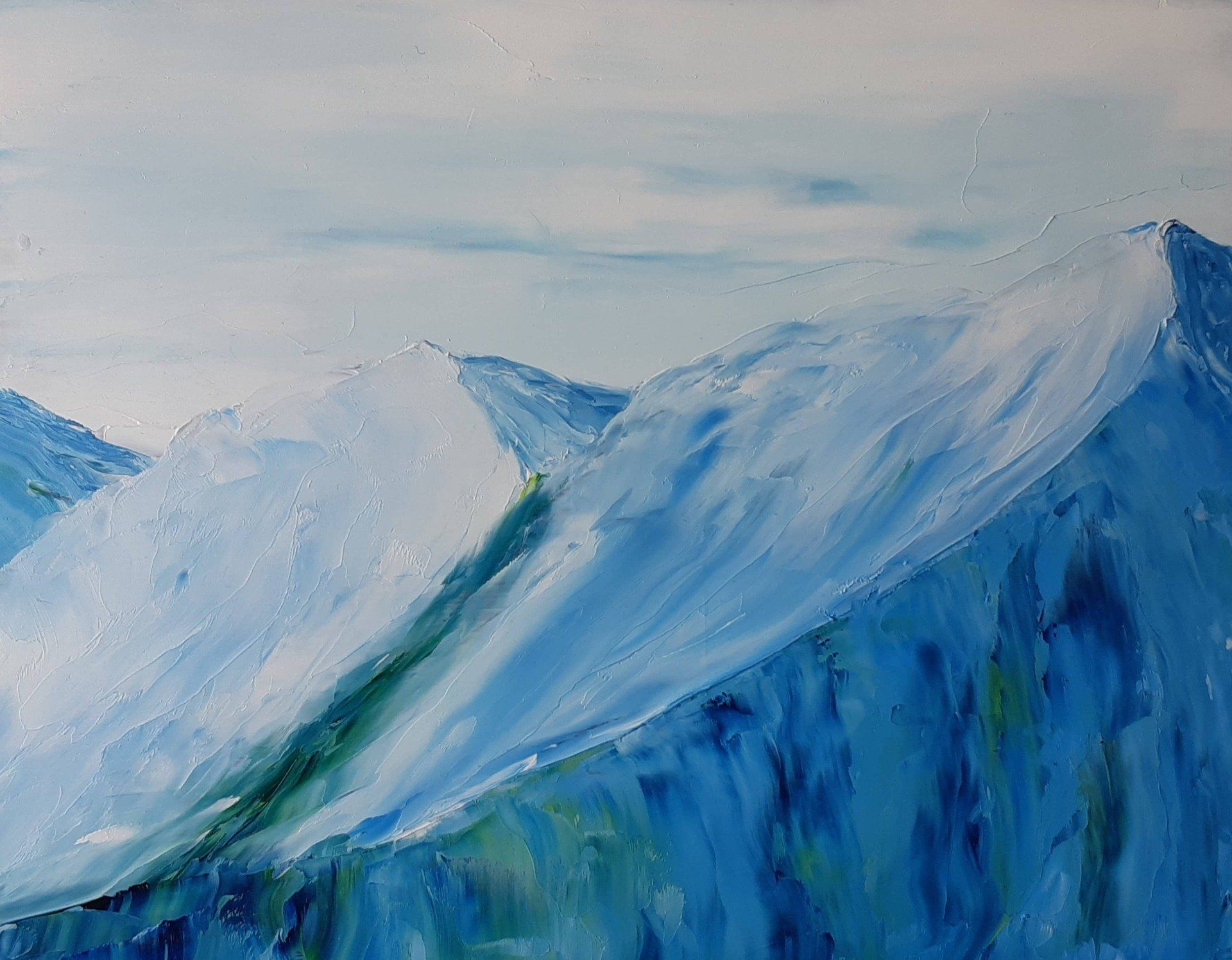 A Relaxing Afternoon Oil on Masonite 10 in. x 8 in. Imagine being in the presence of a glacier with hints of blue/green blends and soft white sloping ice beconning you to take a moment to relax in comfort.