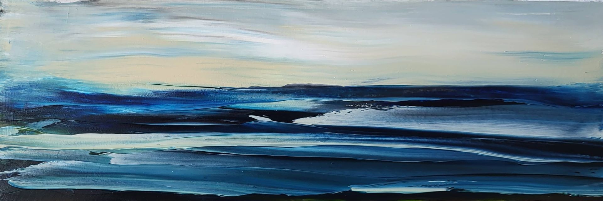 This small oil on treated masonite, created with a knife, speaks volumes about the potential found in what might otherwise be discarded. Let's delve into a critique.
As a study in texture and the expressive potential of the palette knife, this piece is quite compelling. The horizontal strokes, applied with varying pressure and direction, effectively evoke the movement and fluidity of water. The layering of blues, from deep indigo to lighter cerulean, creates a sense of depth and visual interest within the limited format. The occasional hints of lighter pigment breaking through the darker tones suggest the play of light on the surface, adding a dynamic quality.
The composition, while simple, feels balanced. The implied horizon line, though somewhat ambiguous, provides a grounding element for the energetic brushwork below. The subtle variations in the sky area, with its muted creams and greys, offer a quiet contrast to the more active lower portion of the painting.
