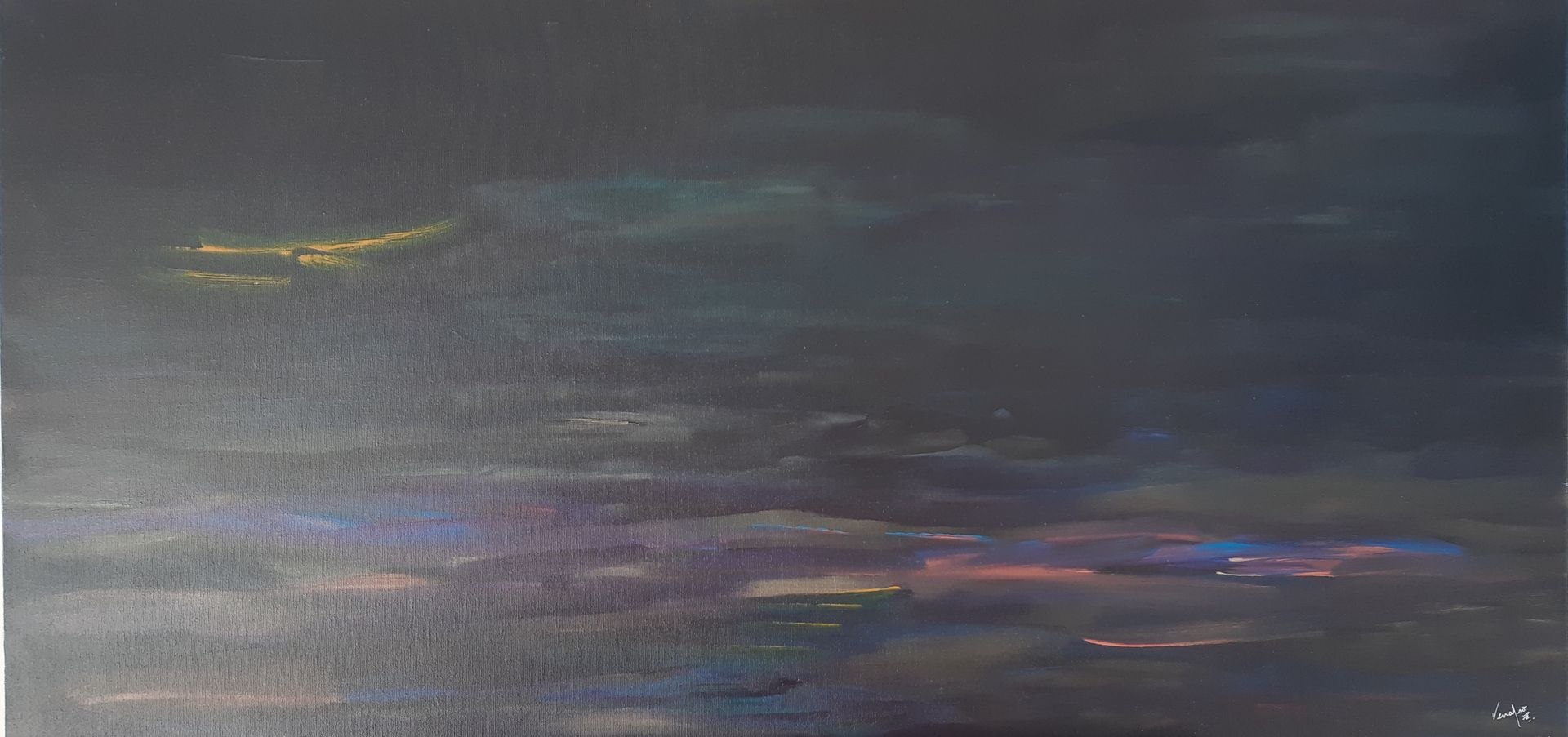 Silk Sky: Acrylic on Canvas 40 in. x 20 in. Blends of Iridescence (yellow, green, pearl white, red) and interference colours all on a Black gesso canvas. My goal was to extract light from the darkness of the black gesso.