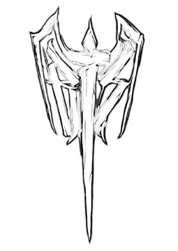A black and white drawing of a trident with wings on a white background.