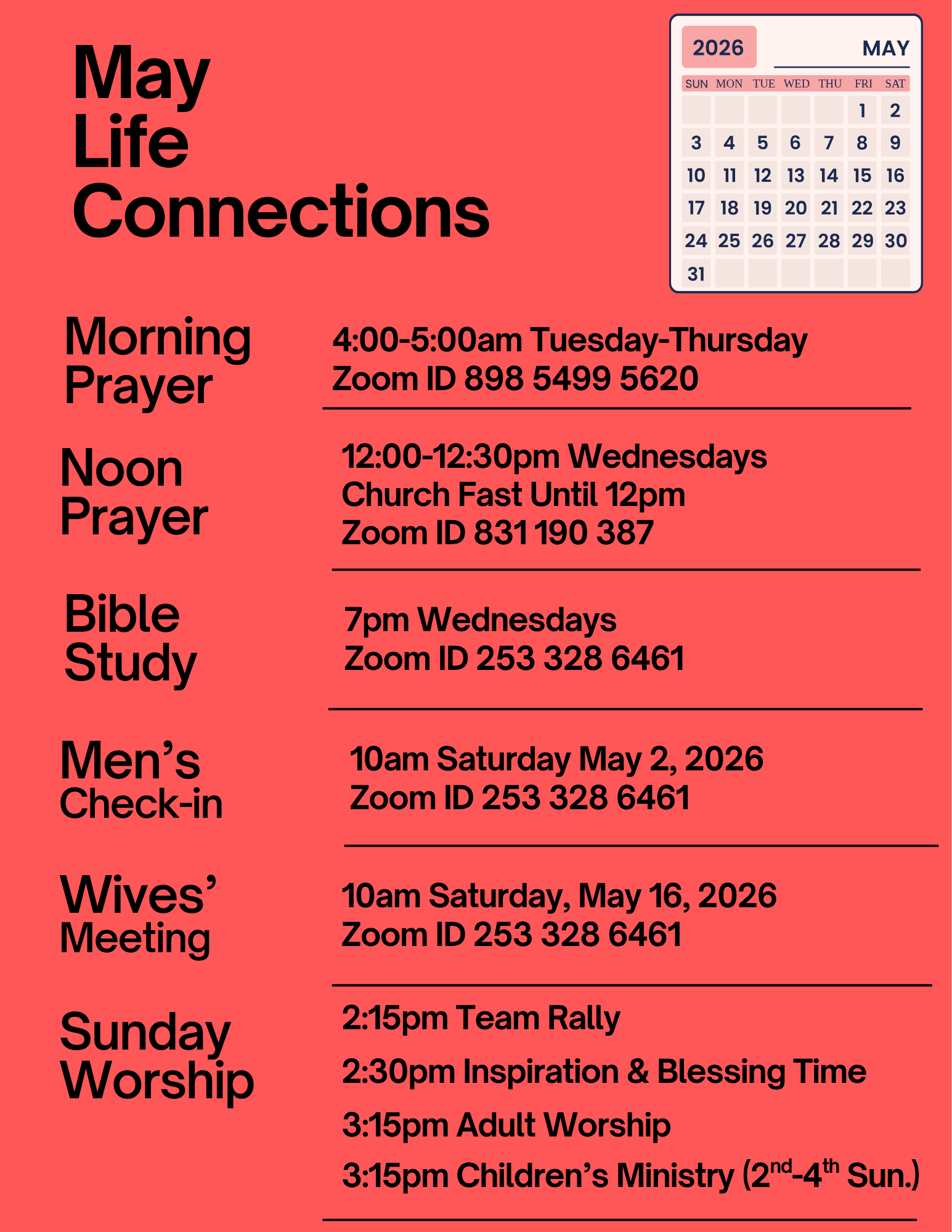 April Life Connections schedule with Zoom meetings and Sunday worship times.