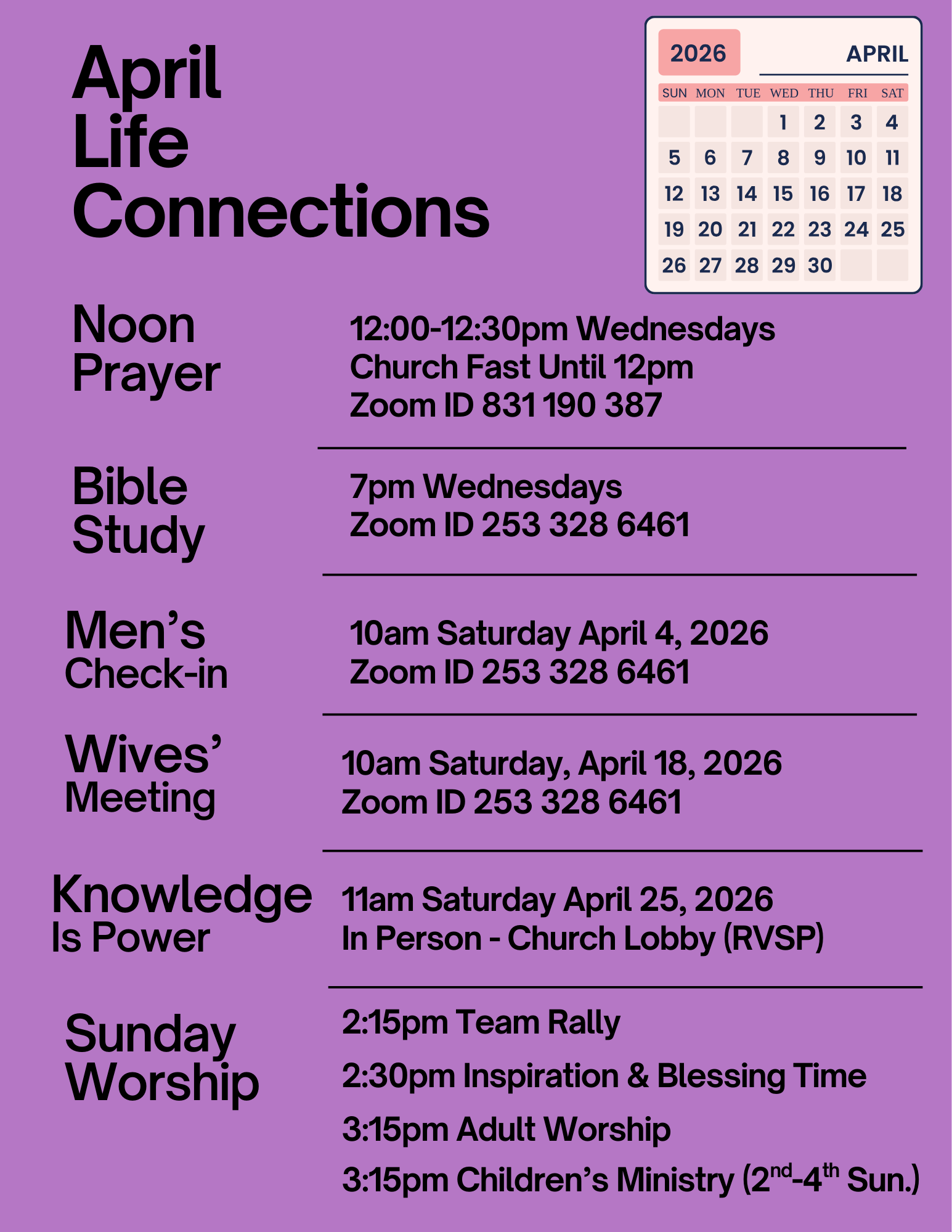 April Life Connections schedule with Zoom meetings and Sunday worship times.