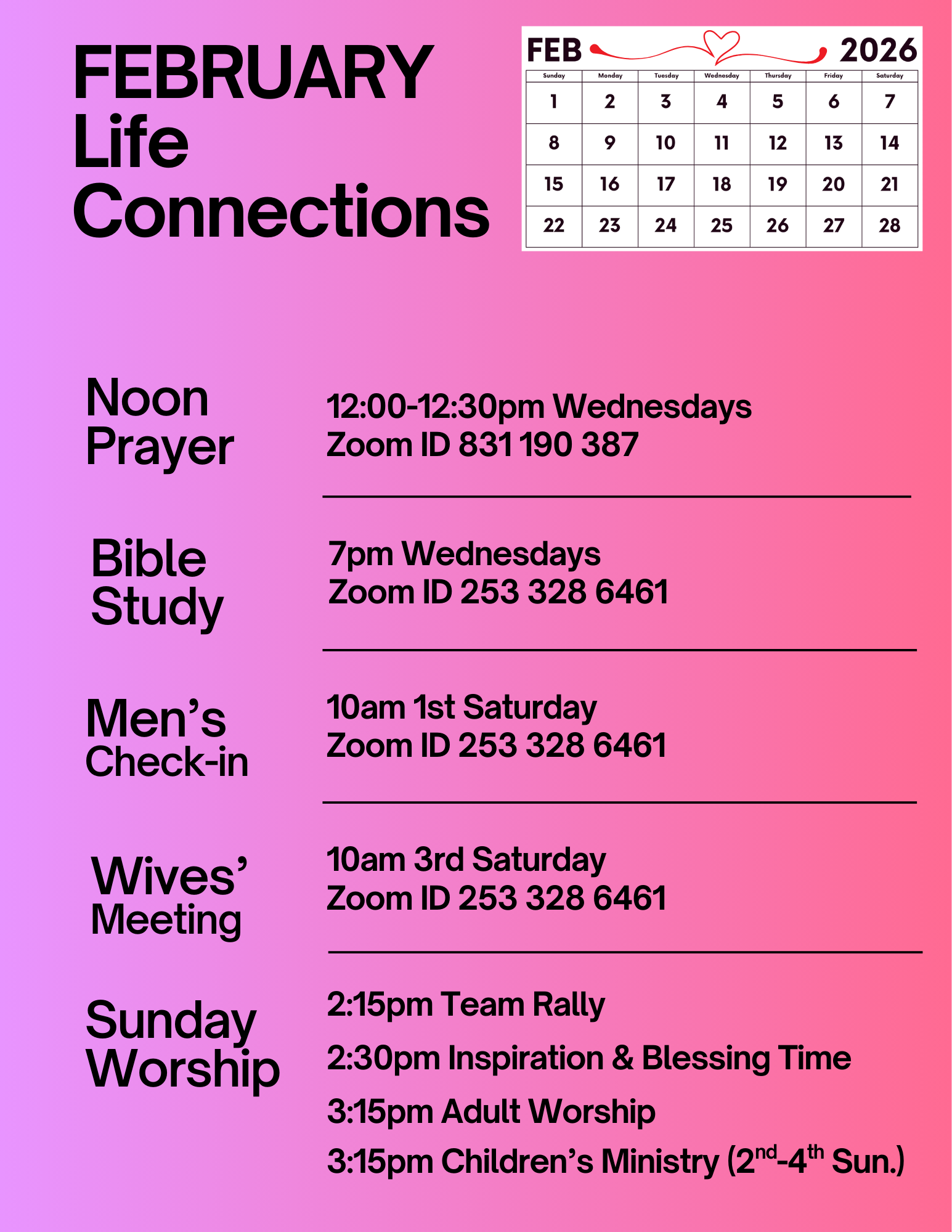 February Life Connections schedule with Zoom meetings and Sunday worship times.