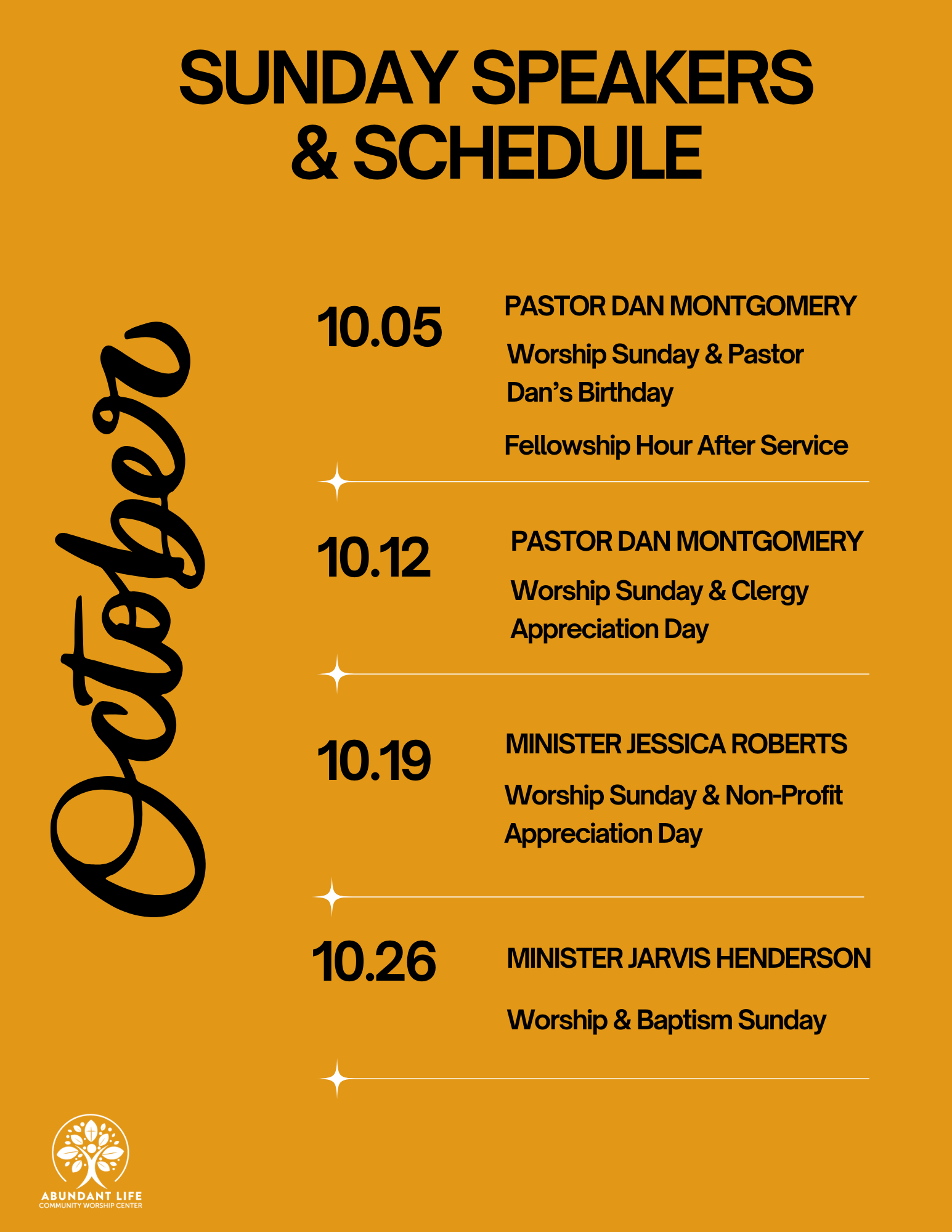 A poster for sunday speakers and schedule for May