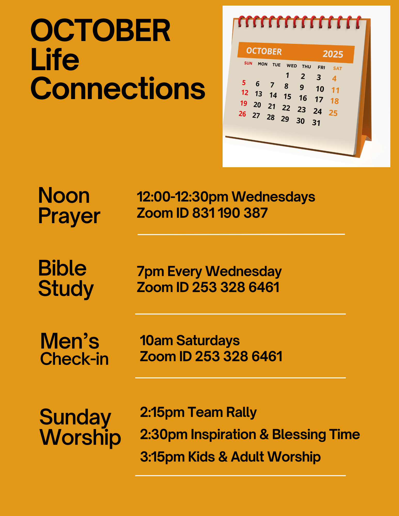 A poster for sunday speakers and schedule for May