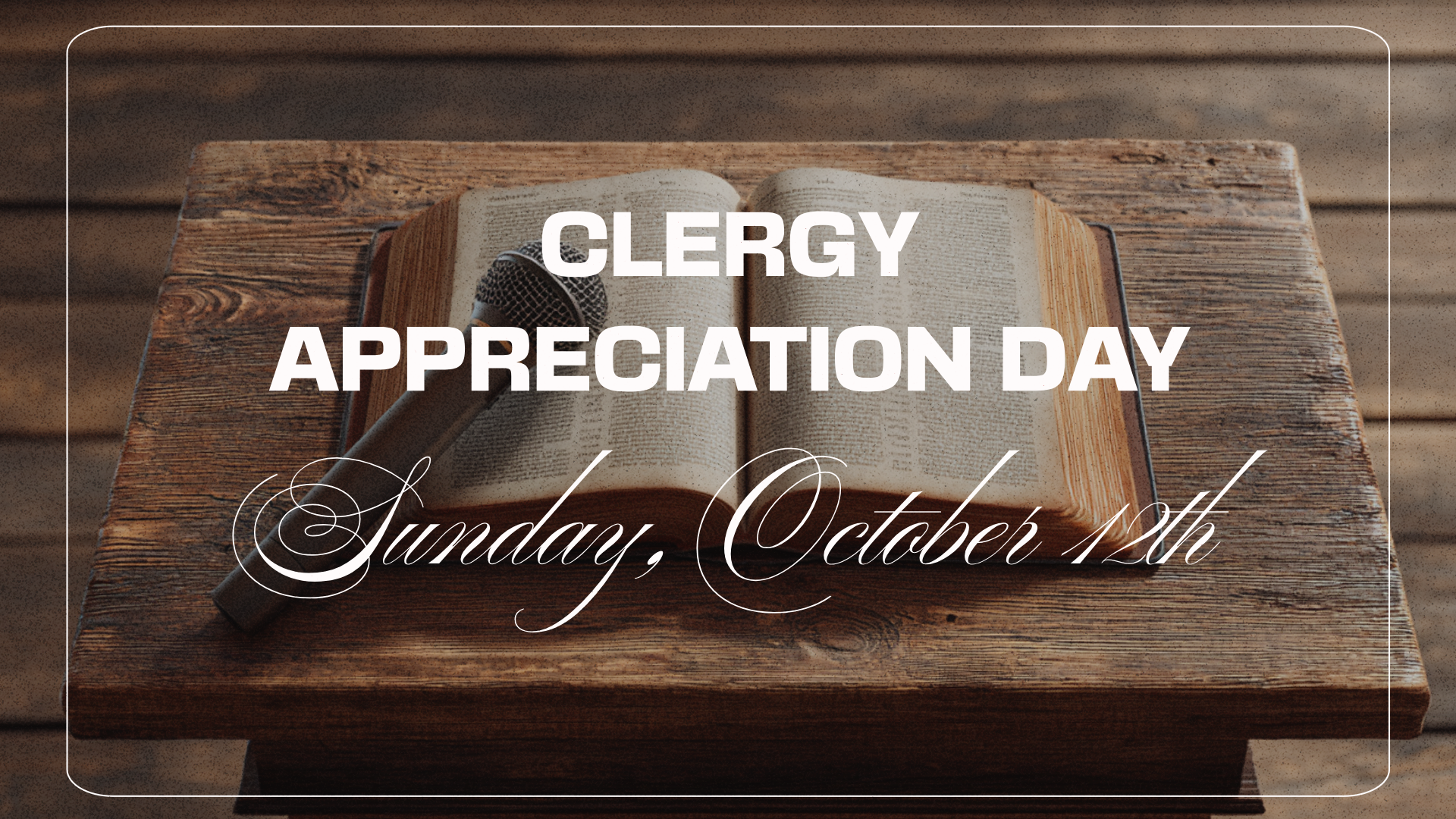 Clergy Appreciation Day graphic. Open book with quill on a wooden table, with text.
