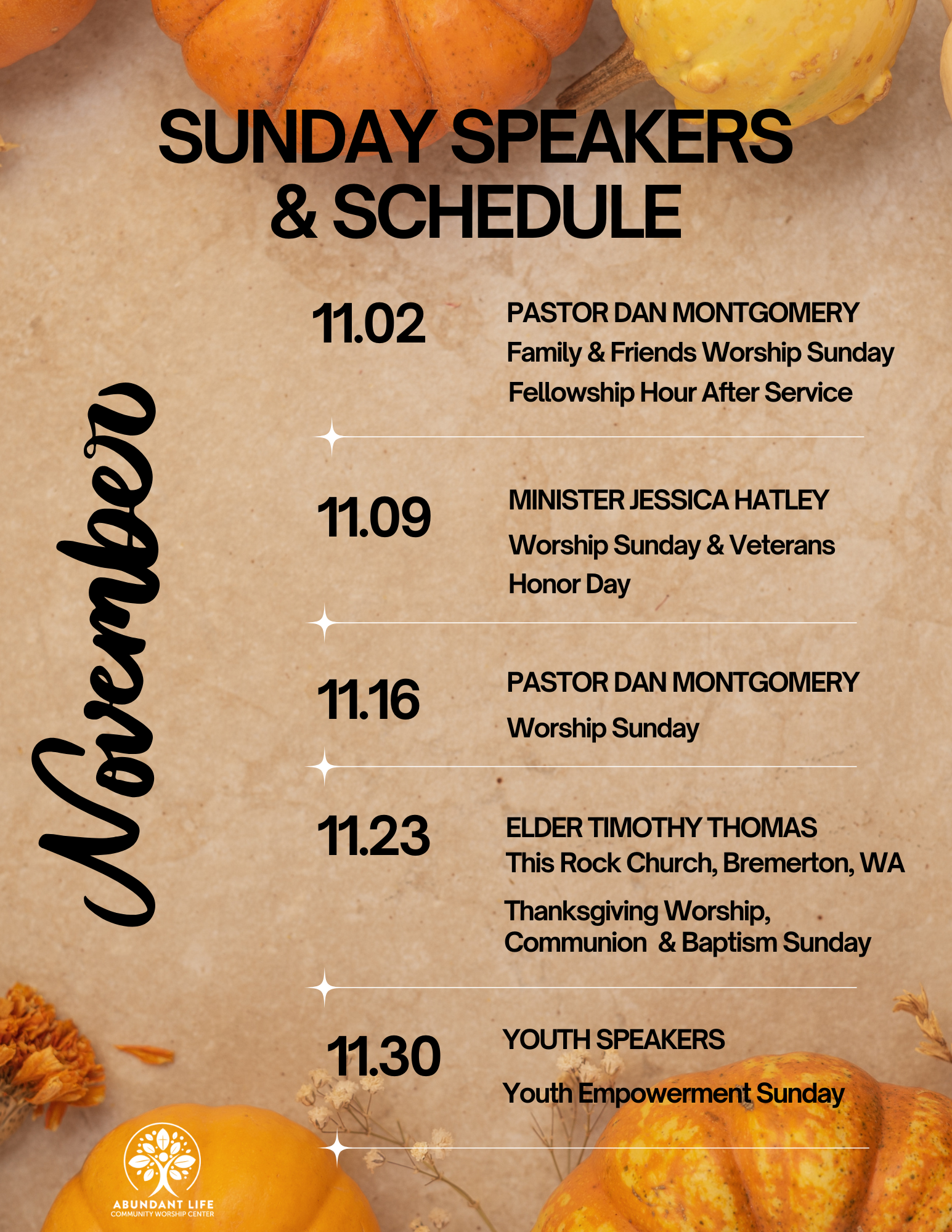 A poster for sunday speakers and schedule for May